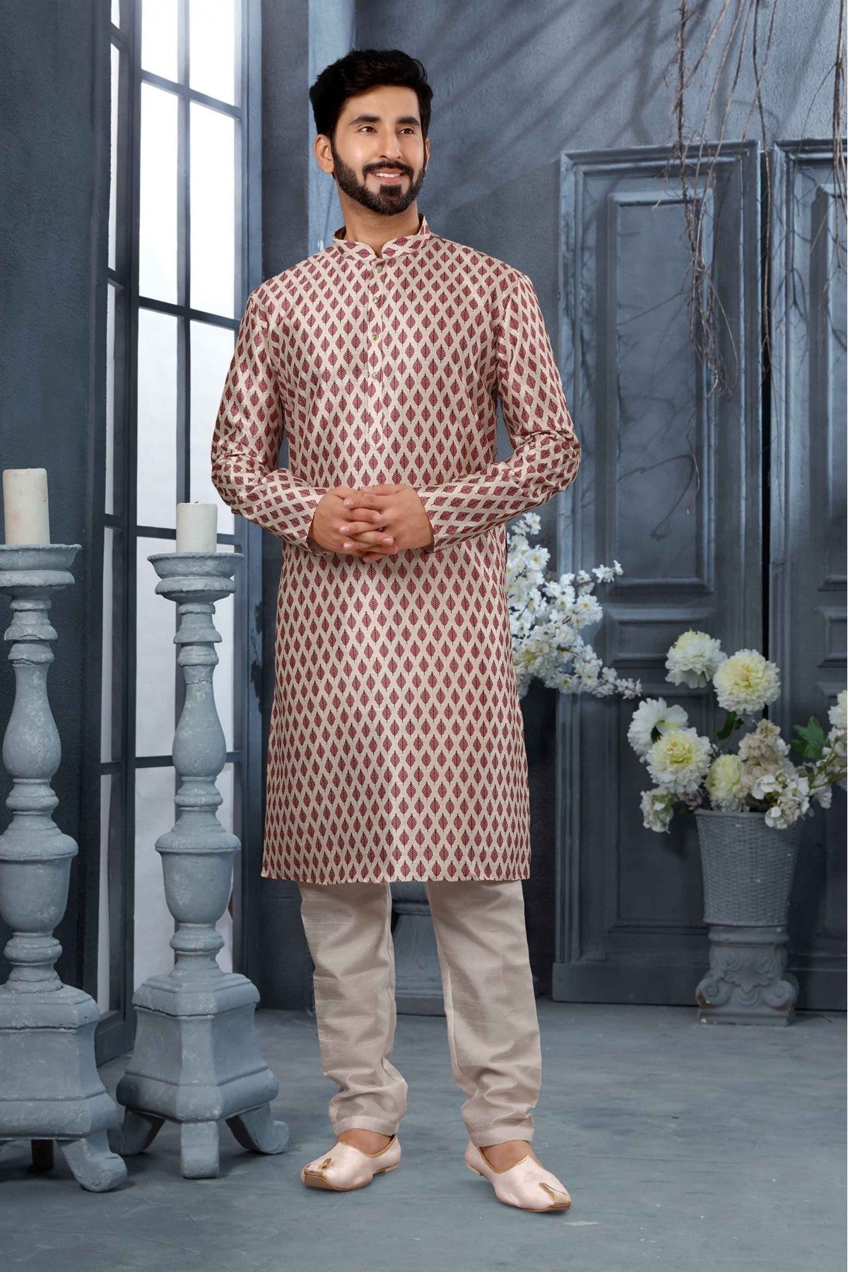 Cream and Maroon Colour Kurta Pajama In Silk Fabric VSKP1040134