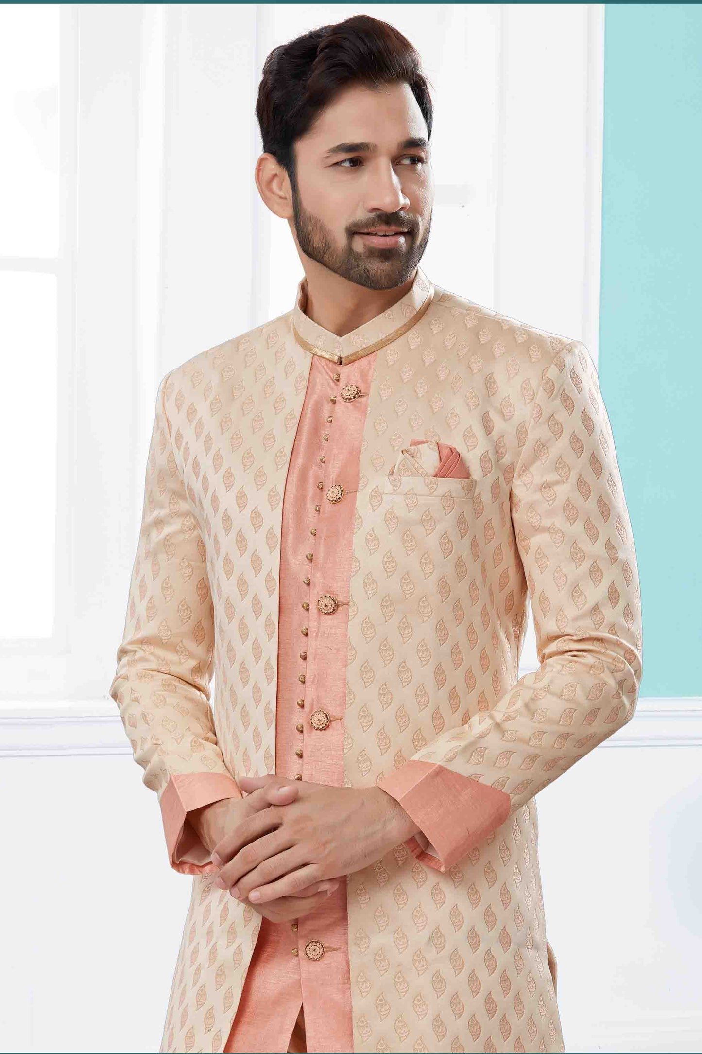 Cream and Pink Colour Indo Western In Banarasi Jacquard Fabric VSSH1040425