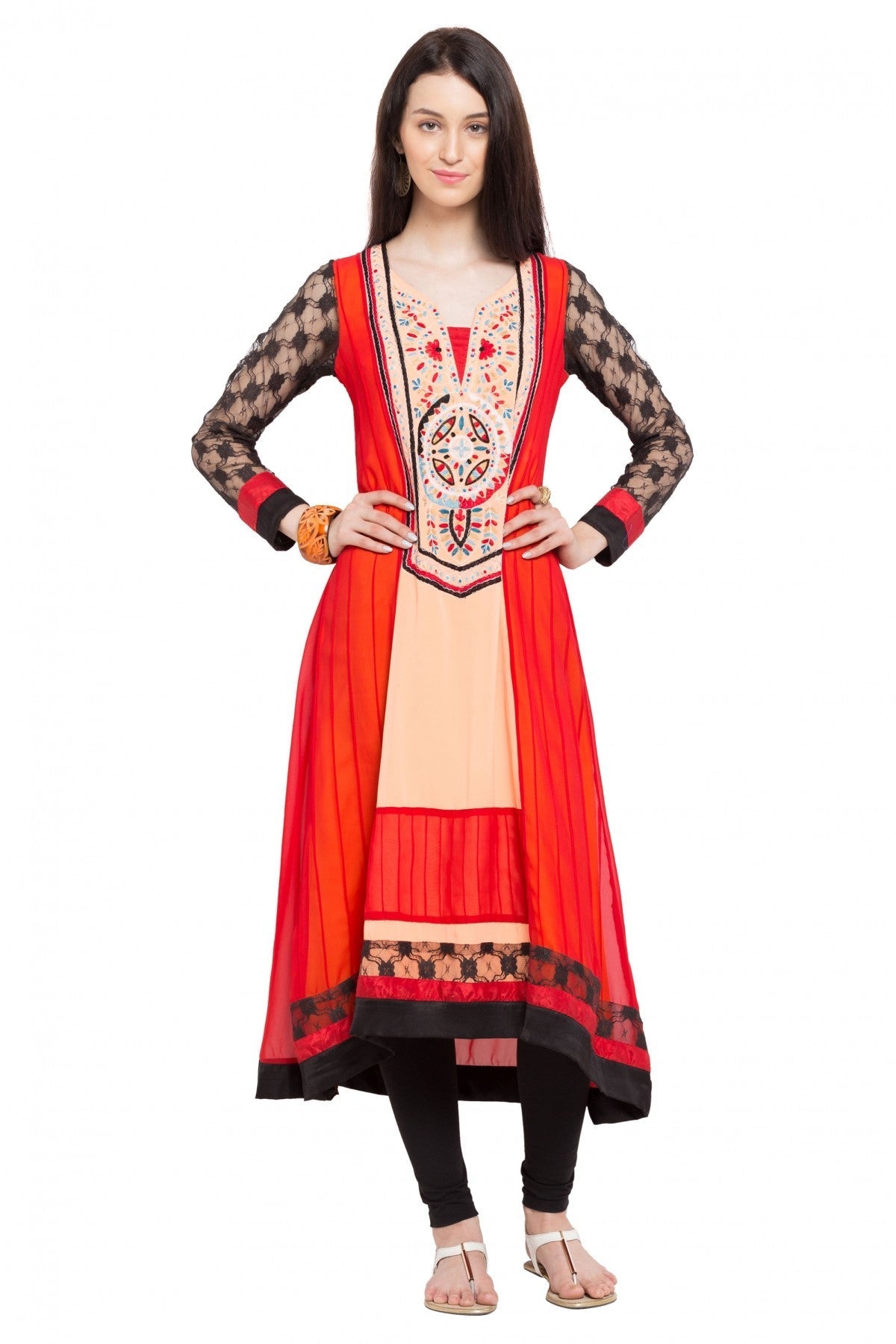 Cream and Red Colour Plus Size Faux Georgette Kurti