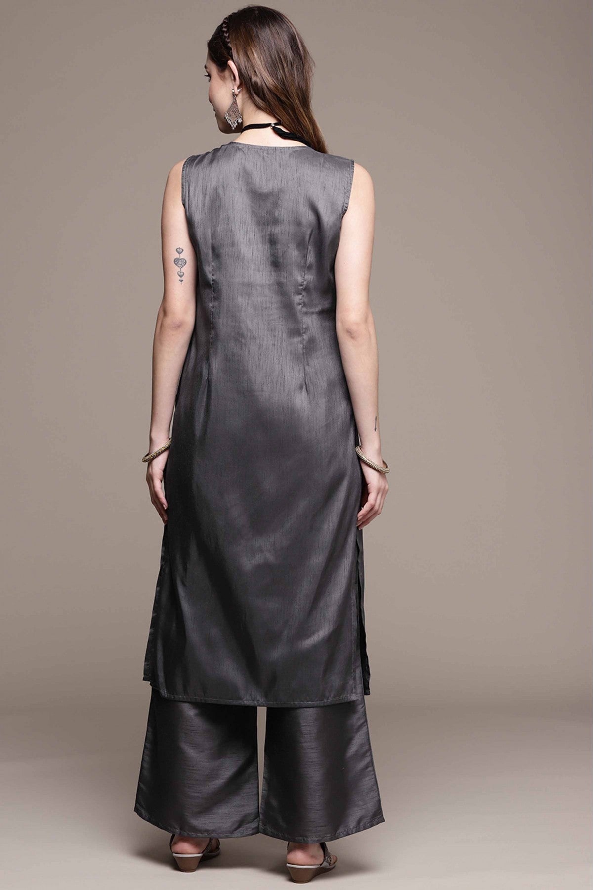 Dark Grey Colour Poly Silk Printed Kurta With Palazzo VSKR1060024