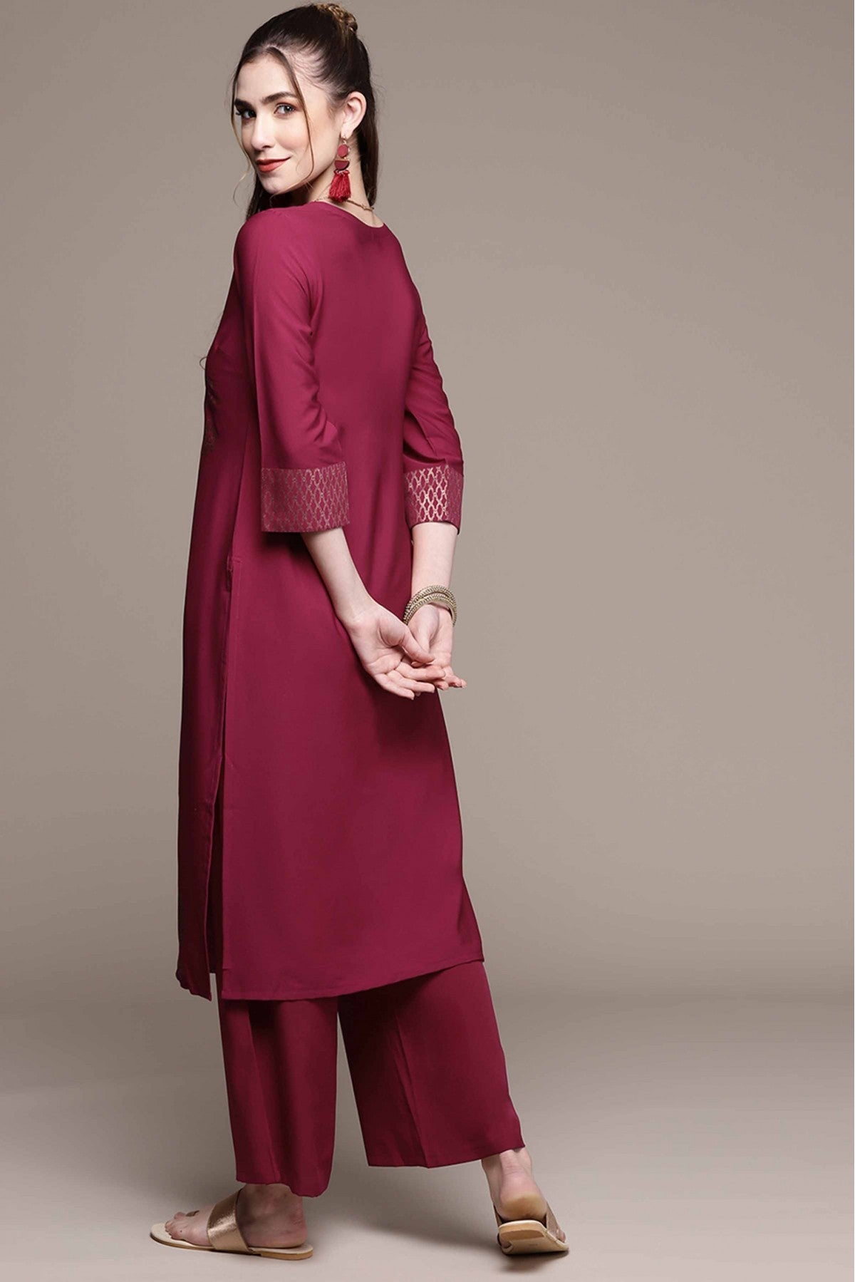 Dark Pink Colour Crepe Foil Print Kurta With Palazzo VSKR1060022