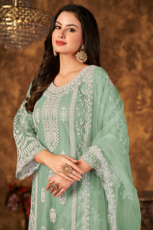Dusty Green Colour Net Semi Stitched Palazzo Pant Suit VSSM1050338