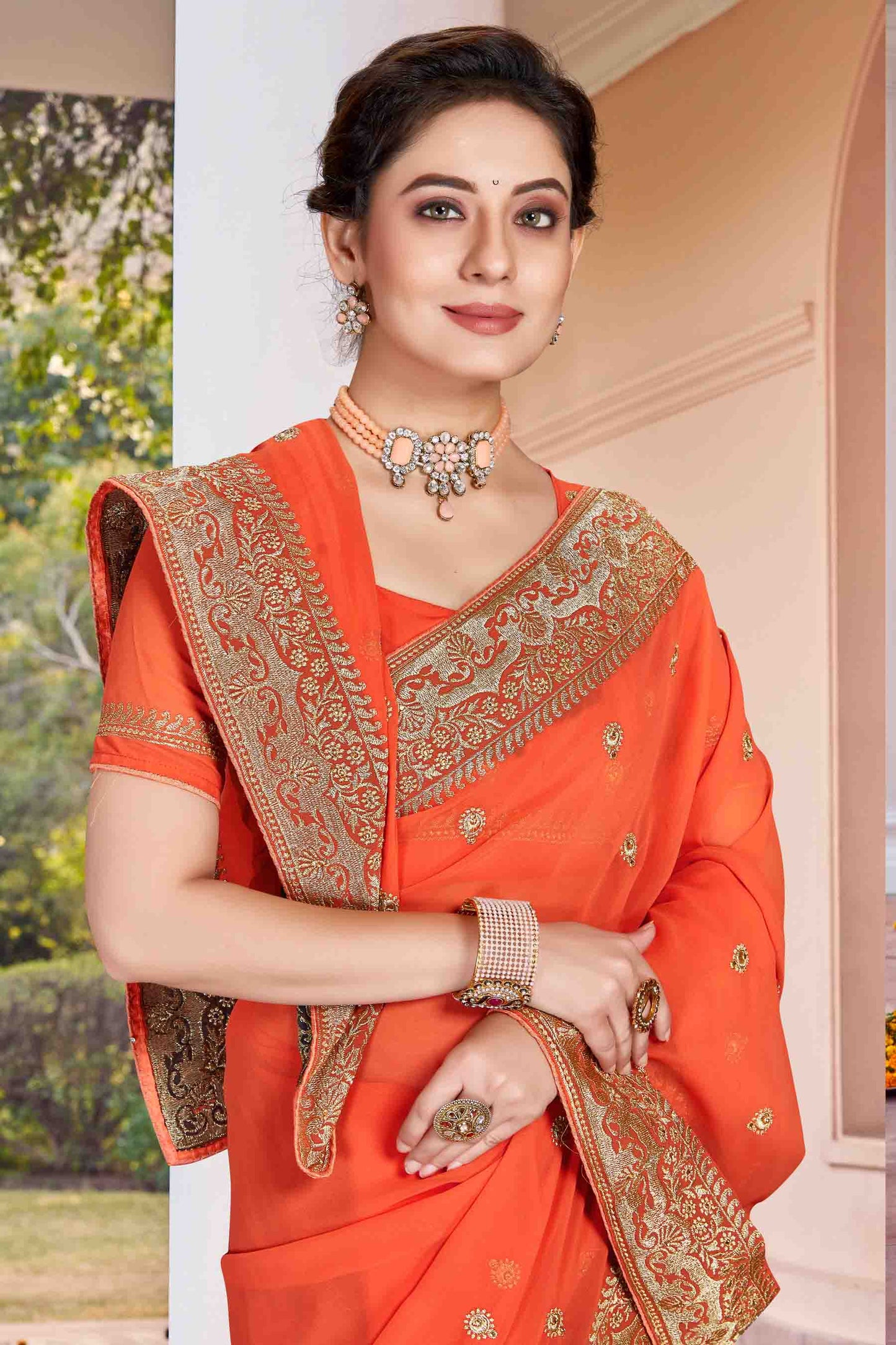 Dusty Orange Colour Georgette Designer Saree VSSD1121140