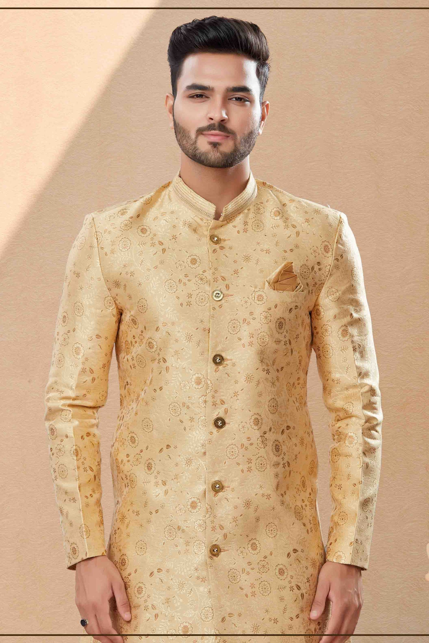 Gold Colour Dhoti Sherwani In Banarasi Jacquard Fabric VSSH1040402