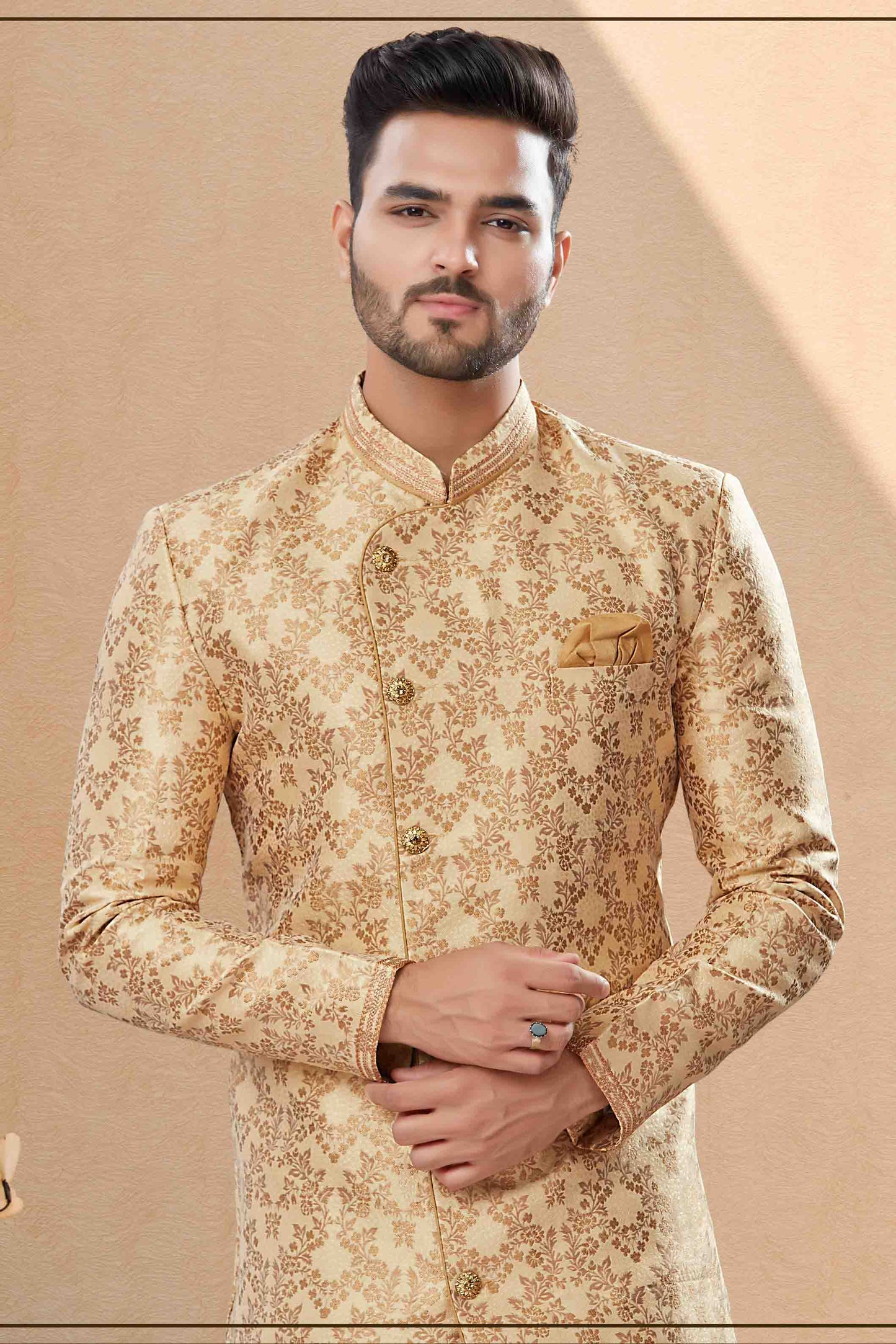 Gold Colour Dhoti Sherwani In Banarasi Jacquard Fabric VSSH1040403