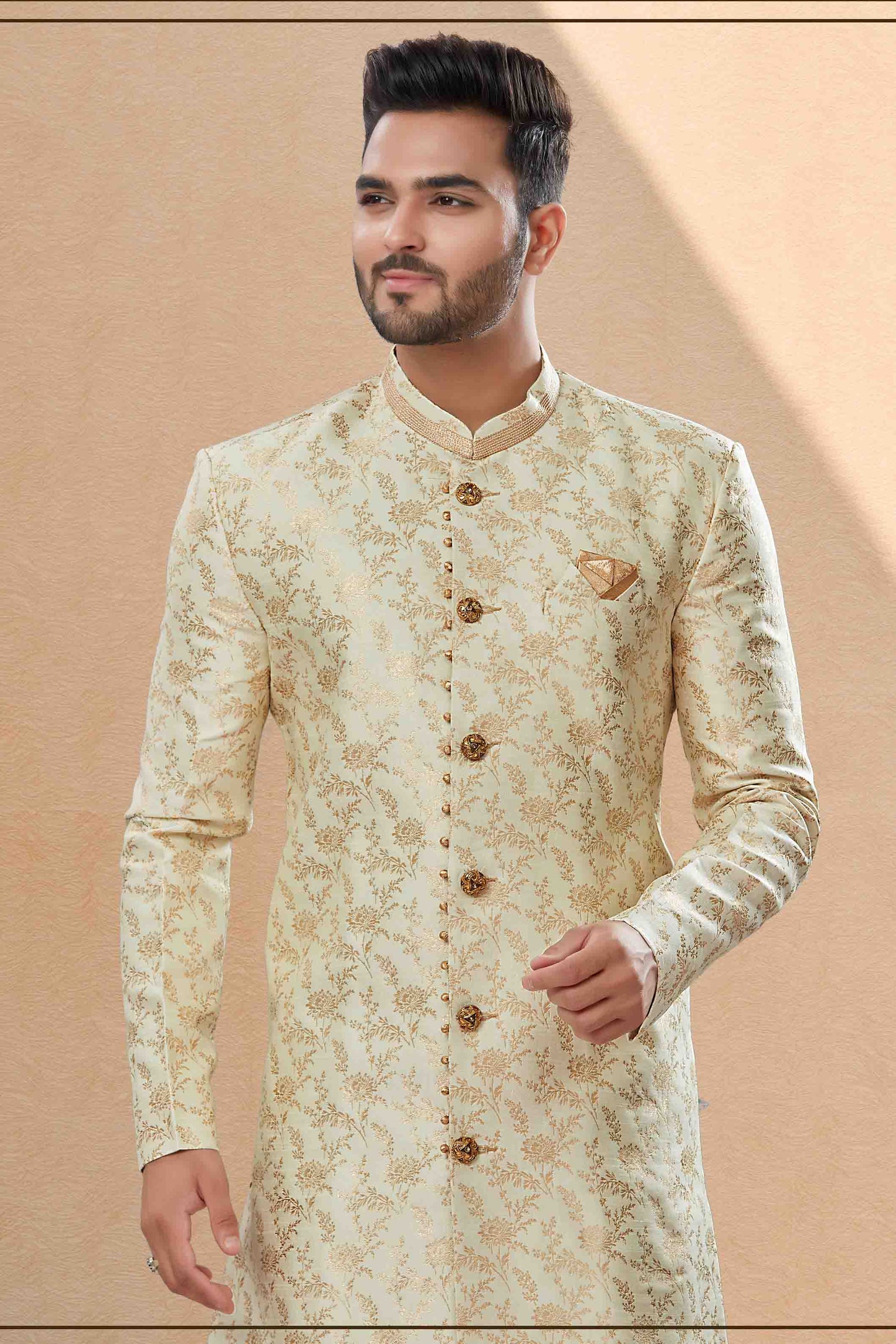 Gold Colour Dhoti Sherwani In Banarasi Jacquard Fabric VSSH1040407