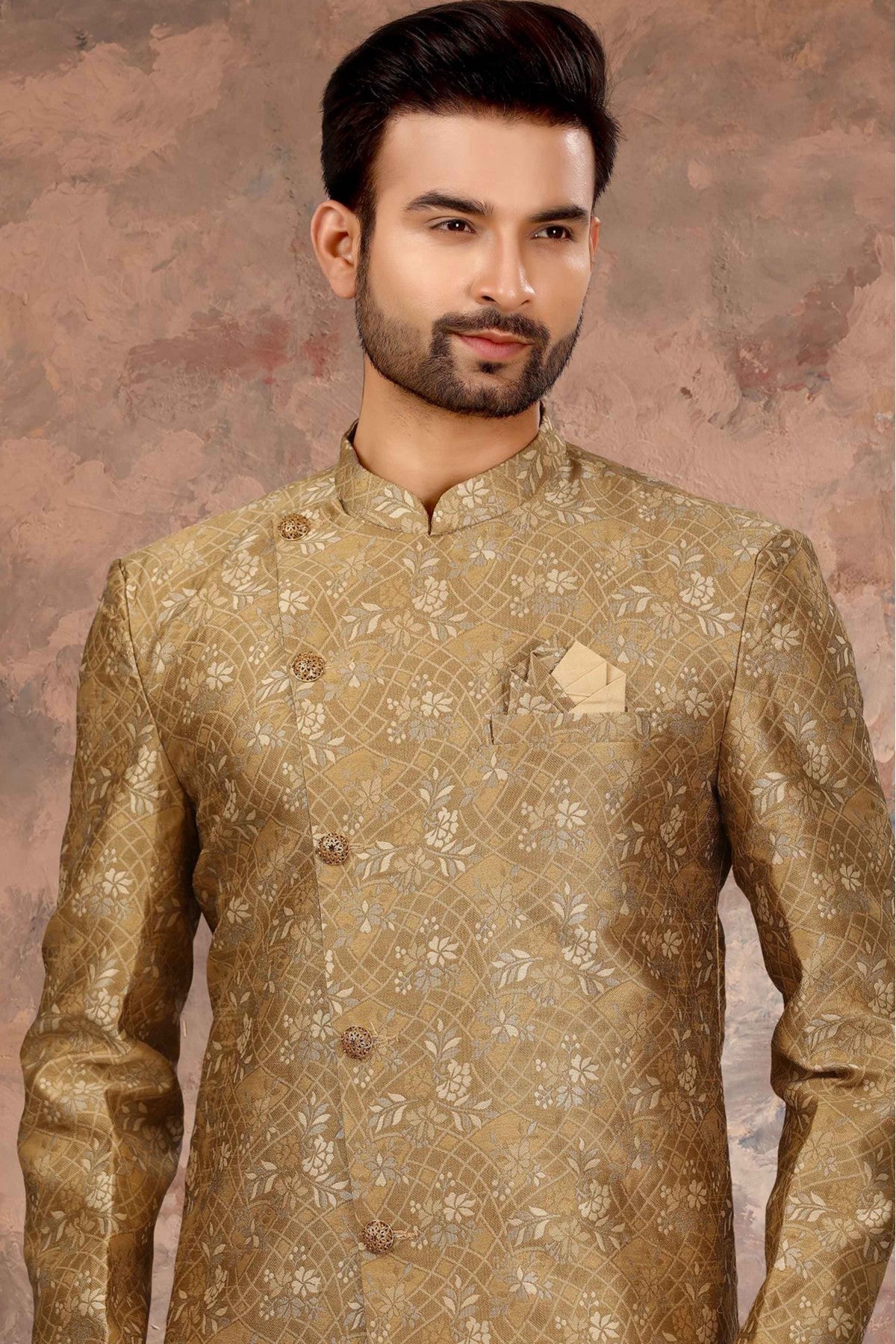 Gold Colour Jacquard Thread Work Sherwani VSSH1040353