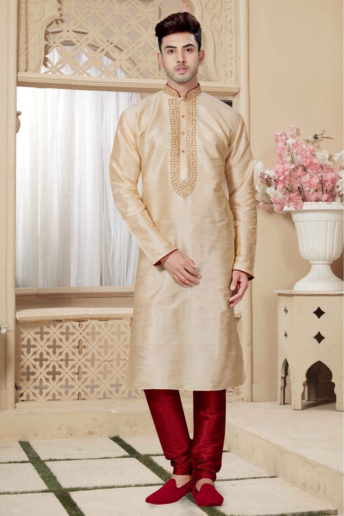 Gold Colour Kurta Pajama In Art Dhupion Fabric VSKP1040003
