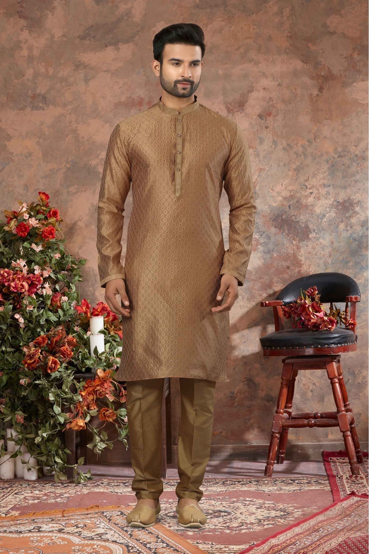 Gold Colour Kurta Pajama In Jacquard Fabric VSKP1040145