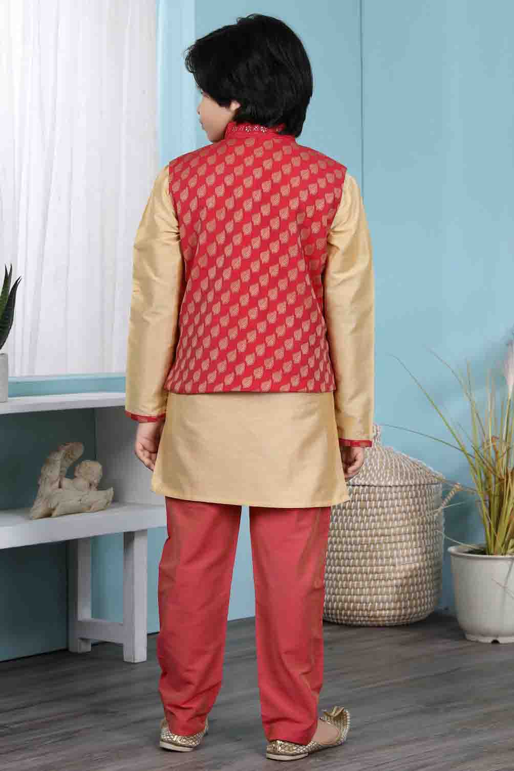 Gold and Red Colour Cotton Silk Kurta Pajama With Jacket VSBW1070096