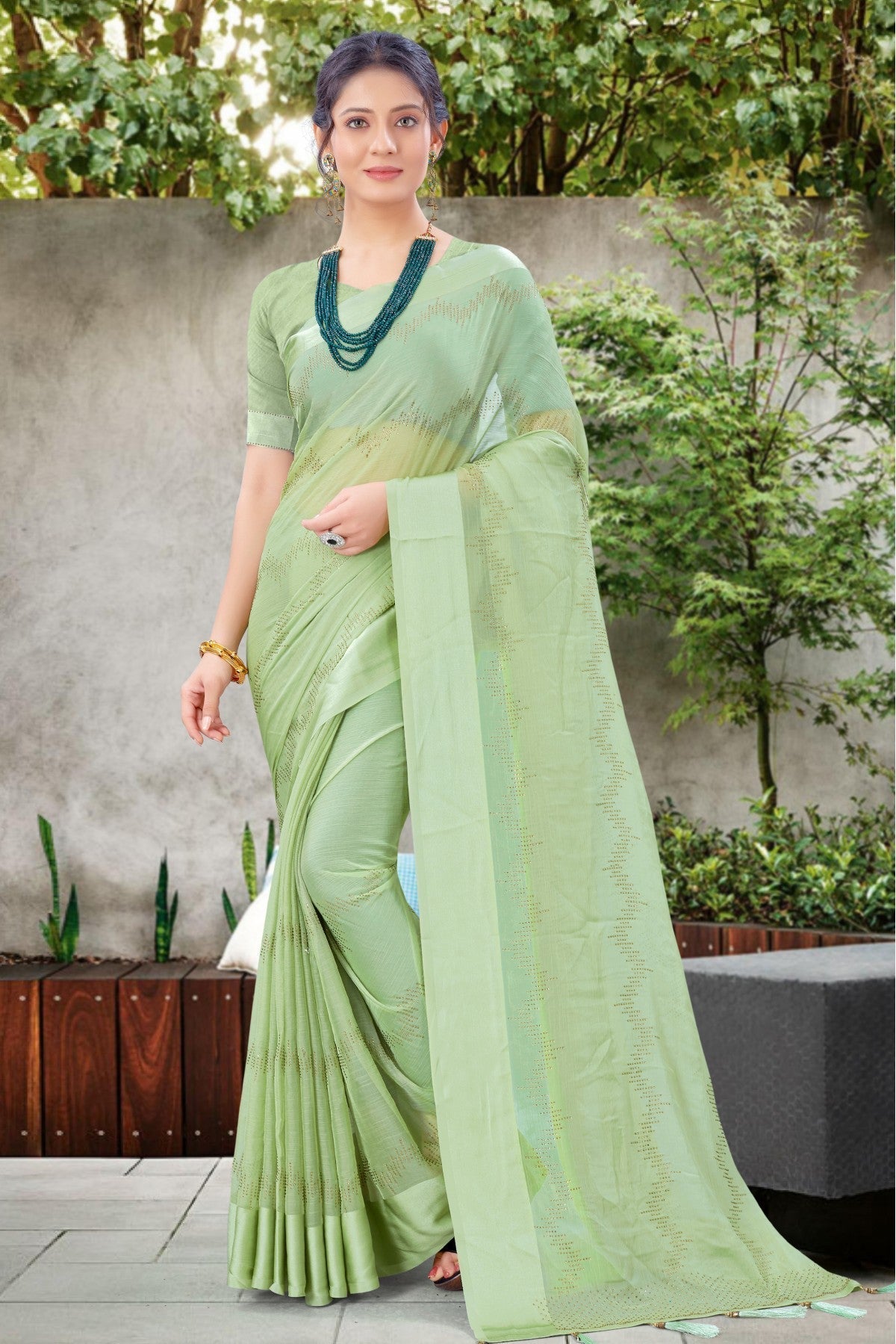 Green Colour Chiffon Satin Swarovski Work Saree VSSD1120180