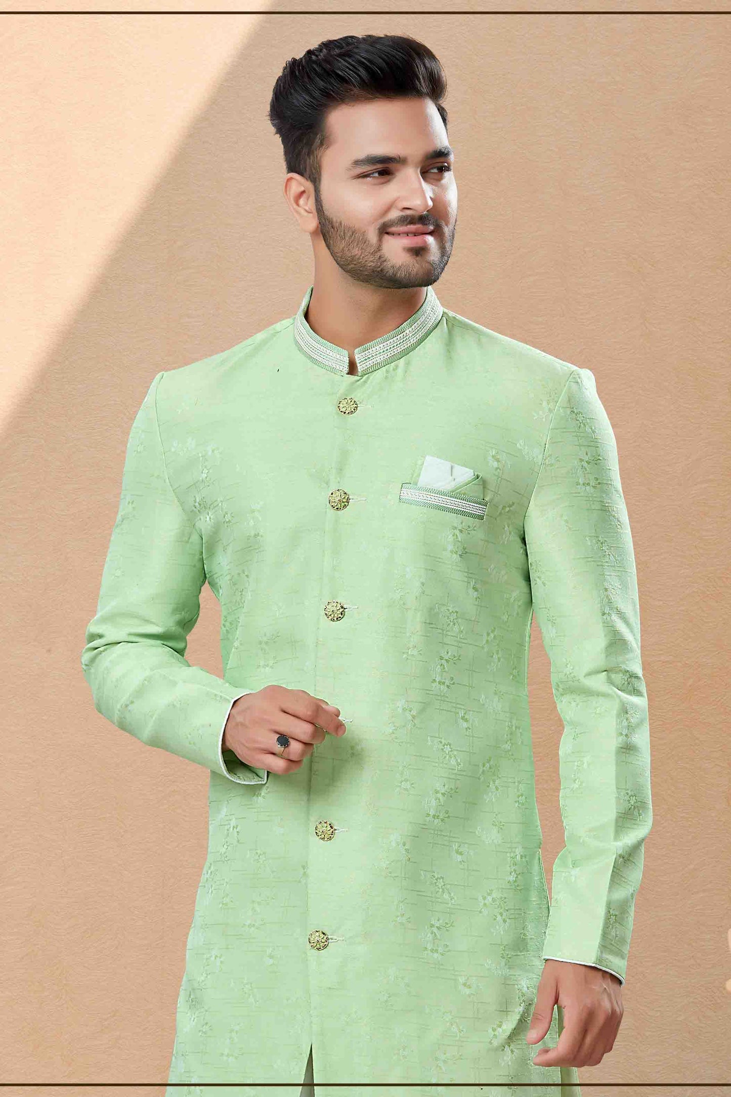 Green Colour Dhoti Sherwani In Banarasi Jacquard Fabric VSSH1040394