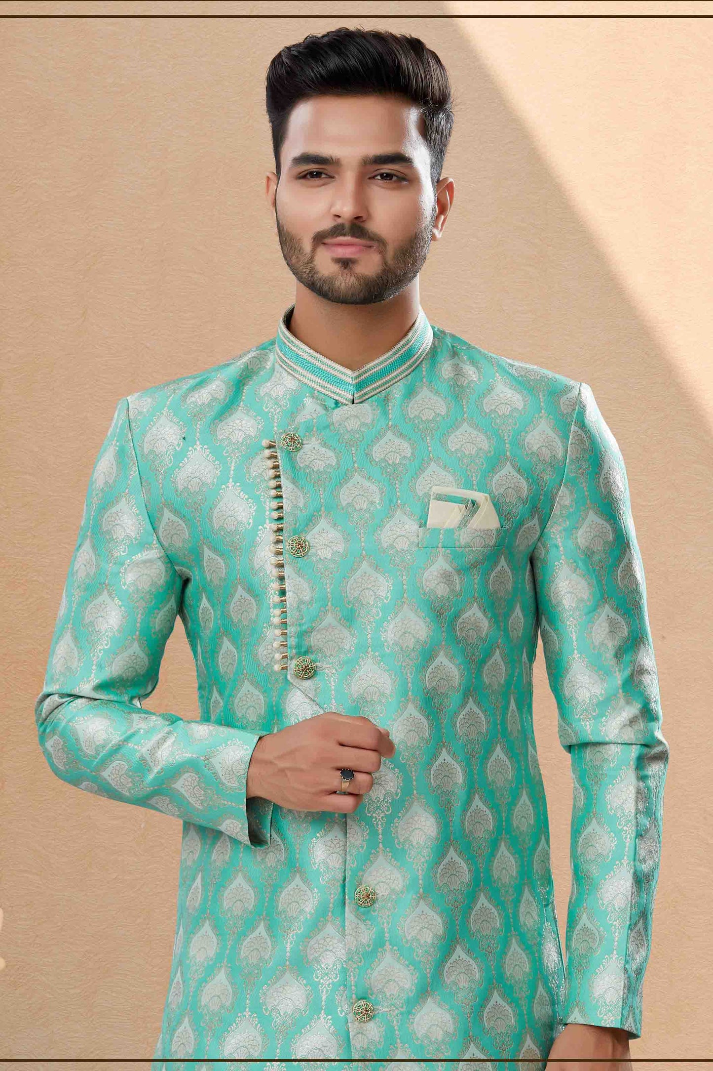 Green Colour Dhoti Sherwani In Banarasi Jacquard Fabric VSSH1040401