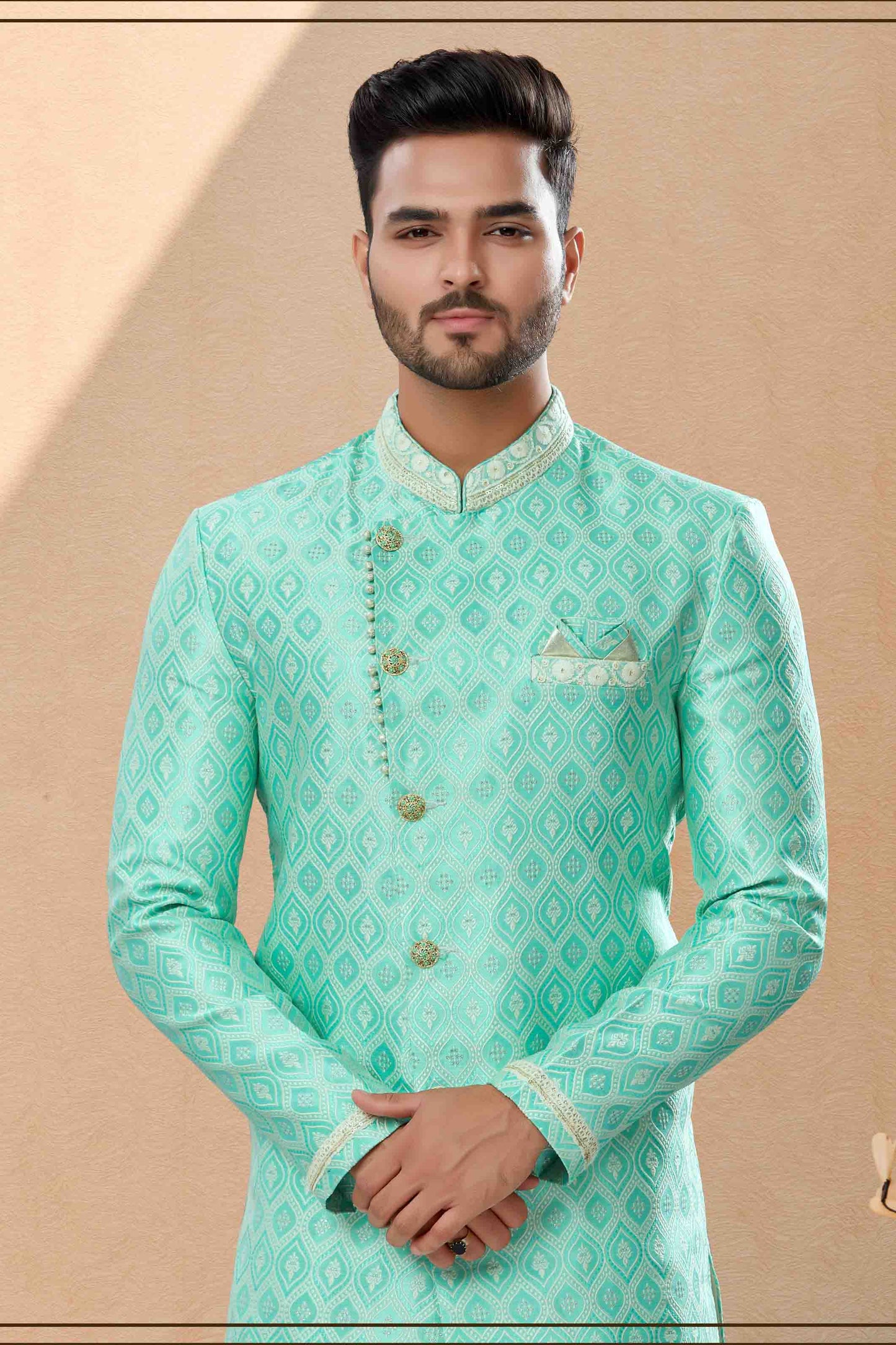Green Colour Dhoti Sherwani In Banarasi Jacquard Fabric VSSH1040434
