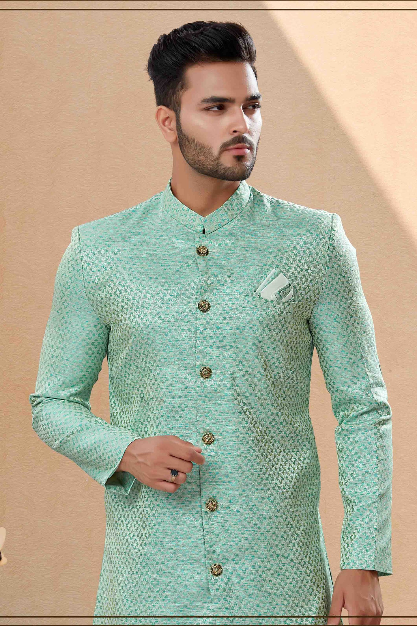 Green Colour Dhoti Sherwani In Banarasi Jacquard Fabric VSSH1040435