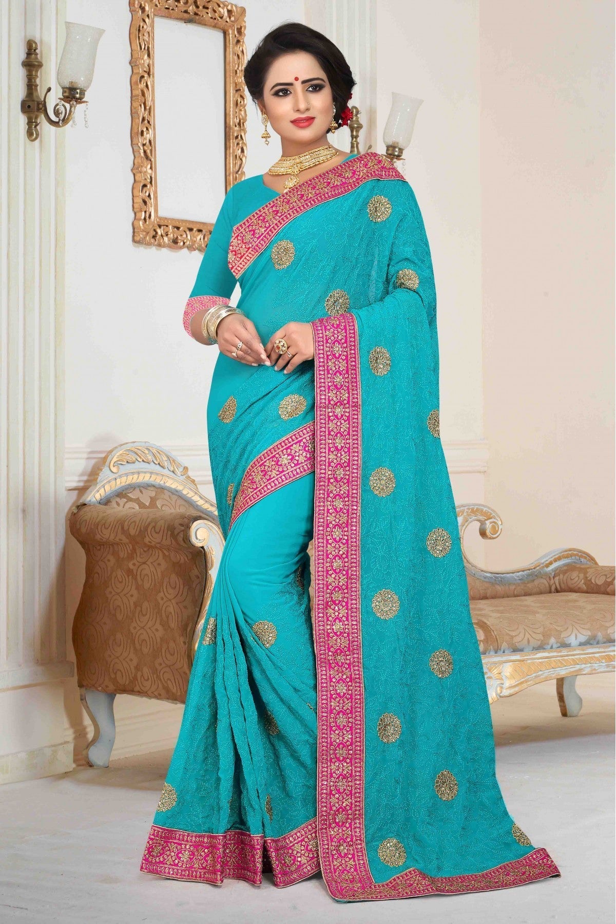 Green Colour Georgette Embroidered Saree VSSD1120014