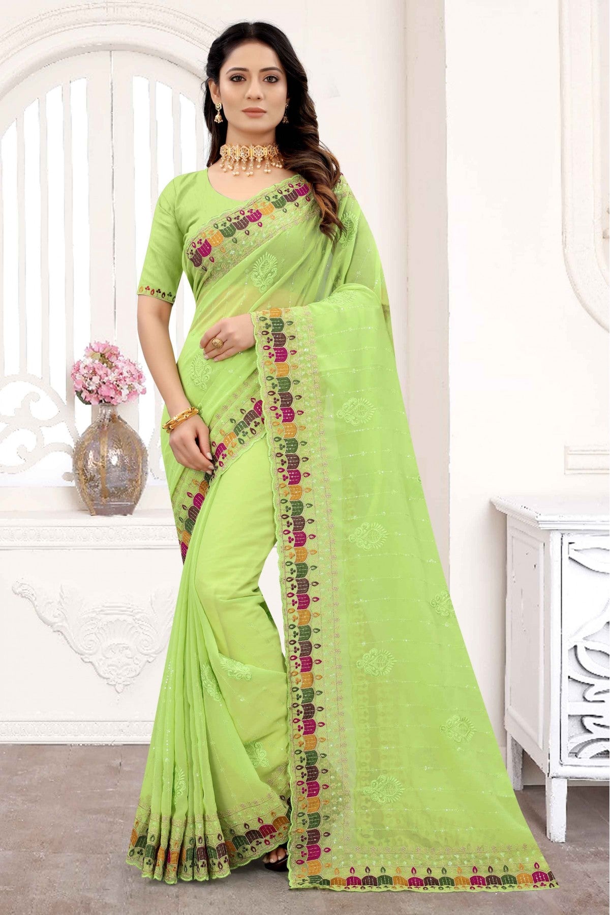 Green Colour Georgette Embroidery Saree VSSD1090286