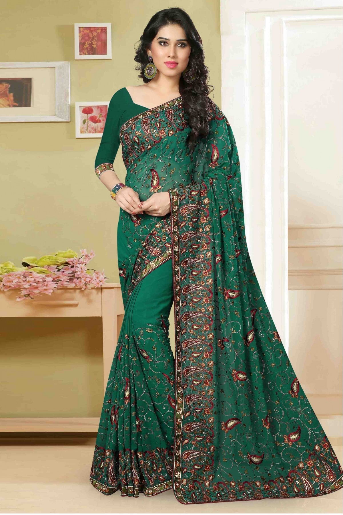 Green Colour Georgette Embroidery Saree VSSD1120007