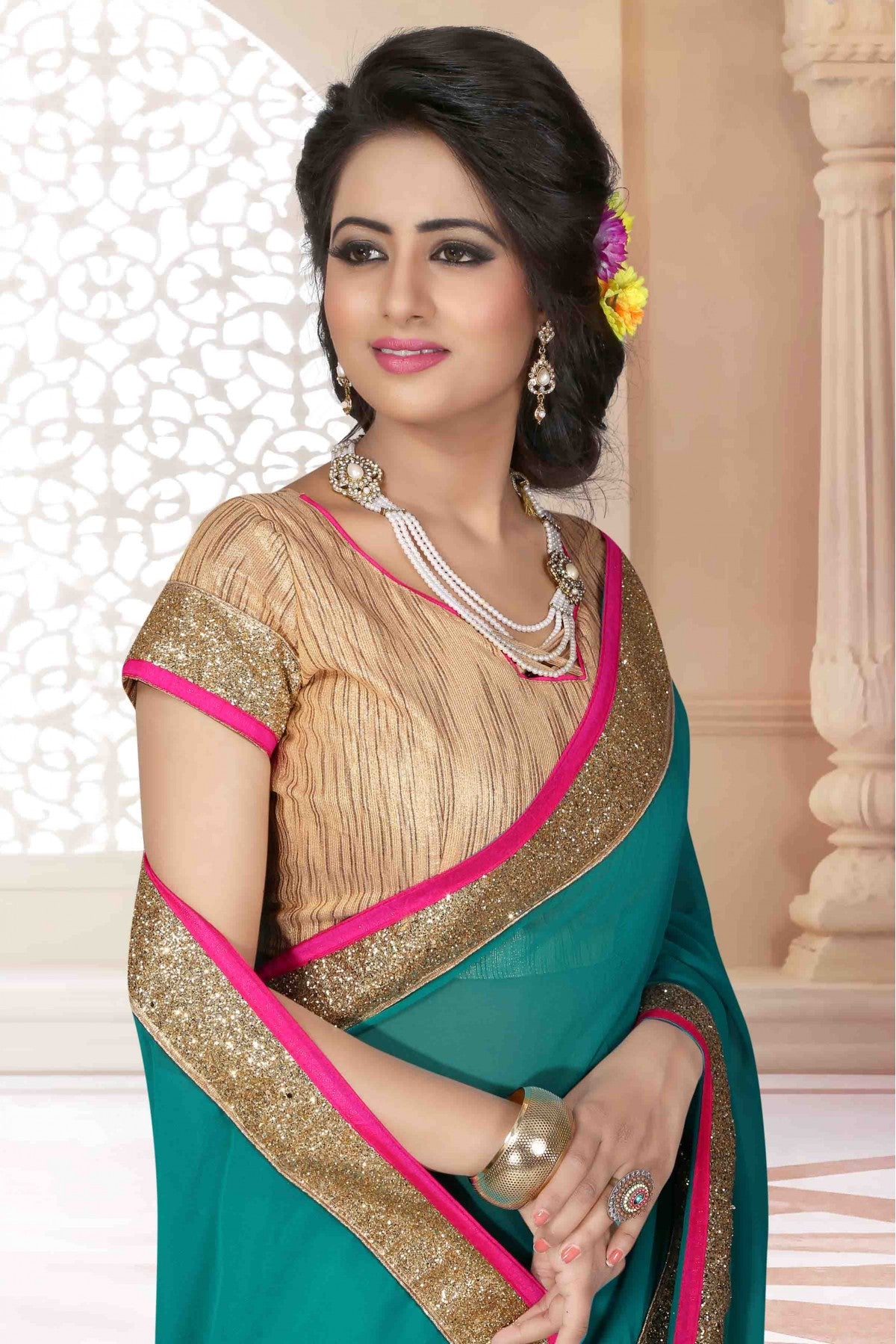 Green Colour Georgette Lace Work Saree VSSD1120568