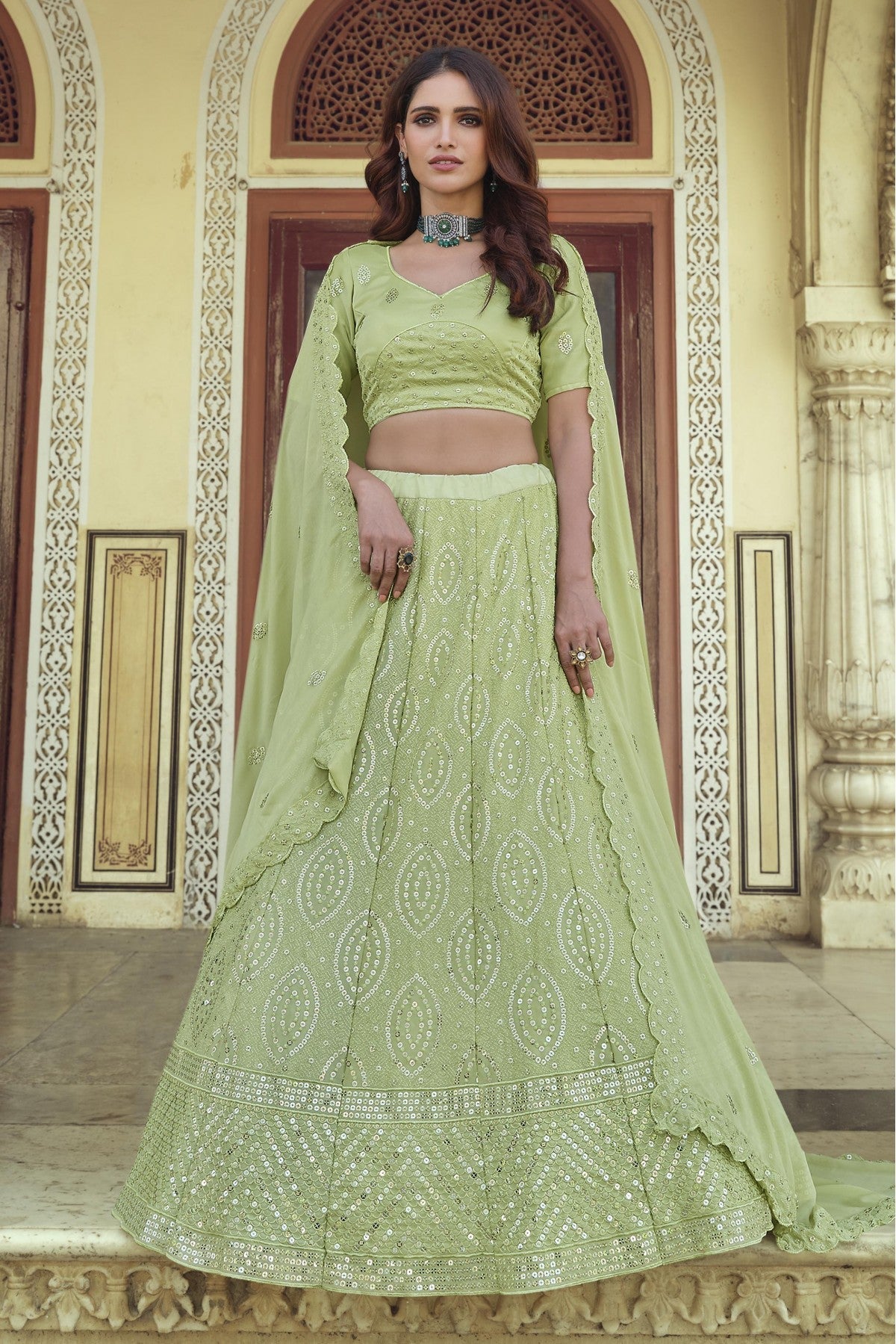 Green Colour Georgette Sequins Work Lehenga Choli VSLC1080565