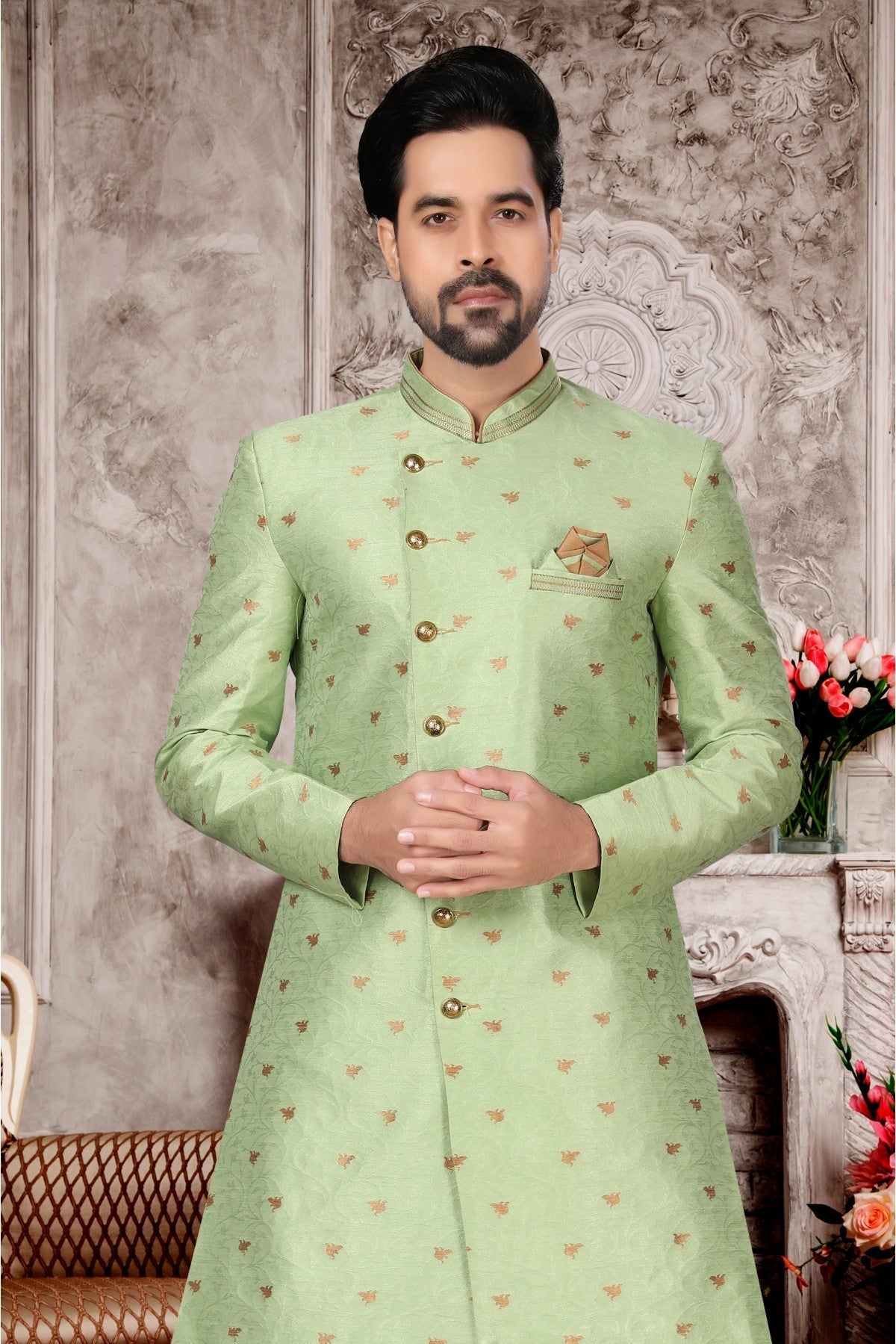 Green Colour Jacquard Dhoti Sherwani VSSH1040290