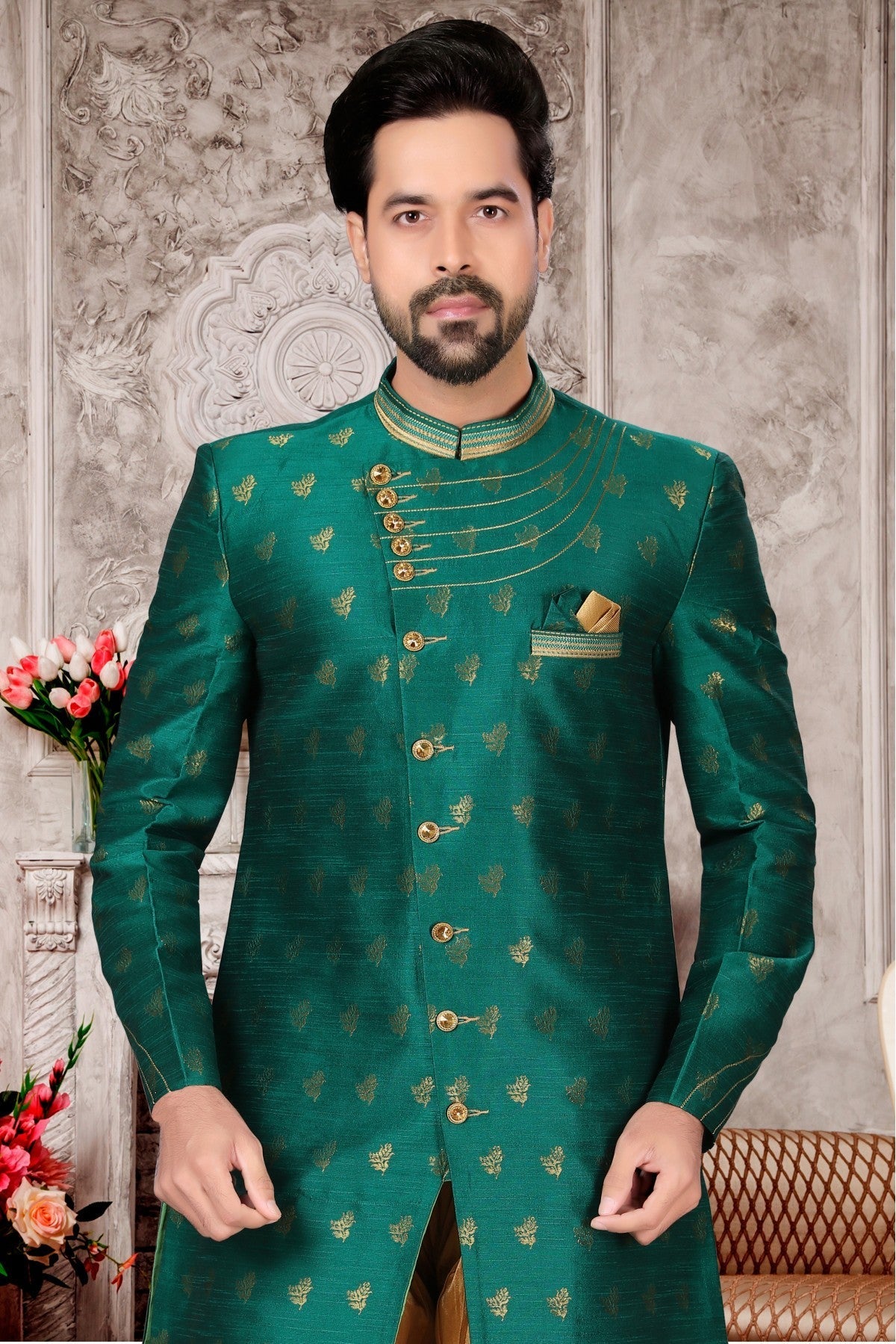 Green Colour Jacquard Dhoti Sherwani VSSH1040303