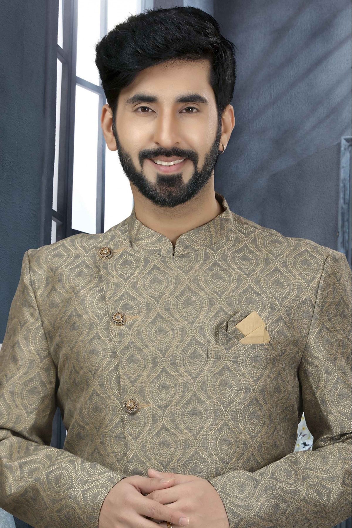 Green Colour Jacquard Digital Print Sherwani VSSH1040331