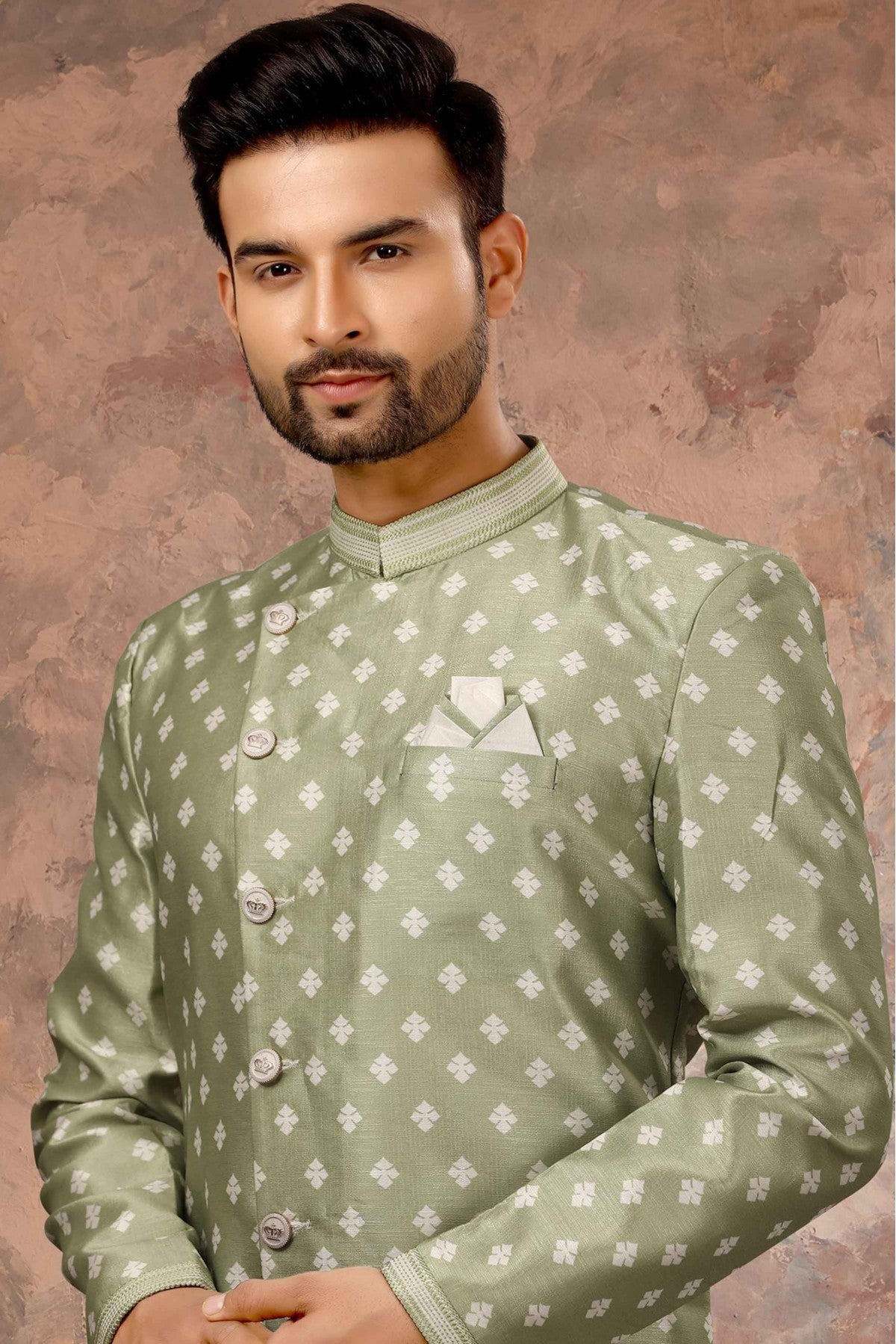 Green Colour Jacquard Digital Print Sherwani VSSH1040332