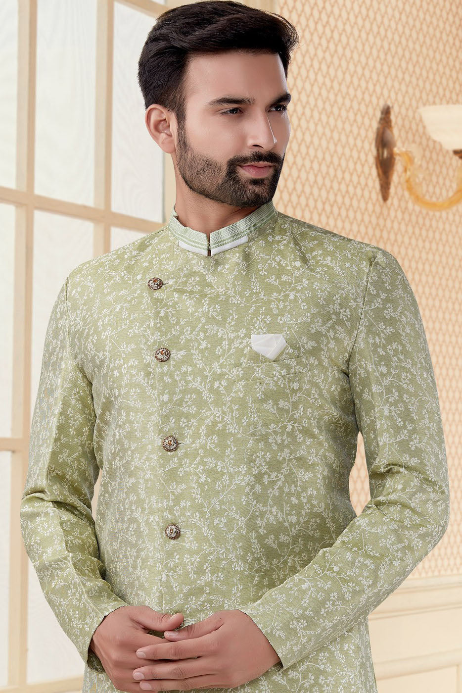 Green Colour Jacquard Sherwani VSSH1040263