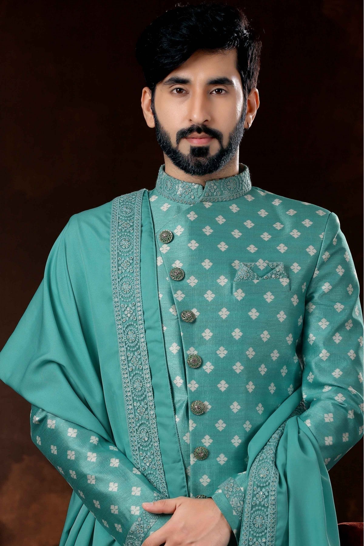 Green Colour Jacquard Sherwani VSSH1040374
