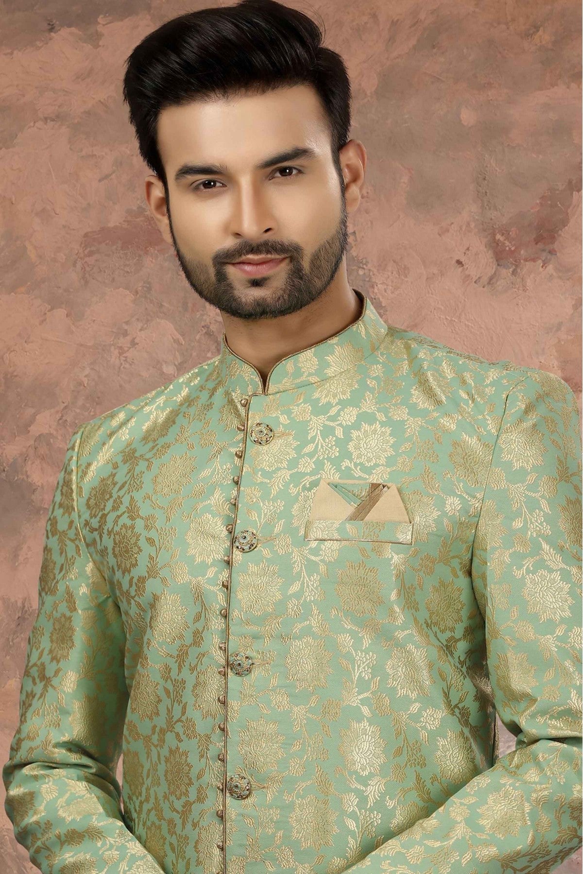 Green Colour Jacquard Thread Work Sherwani VSSH1040355