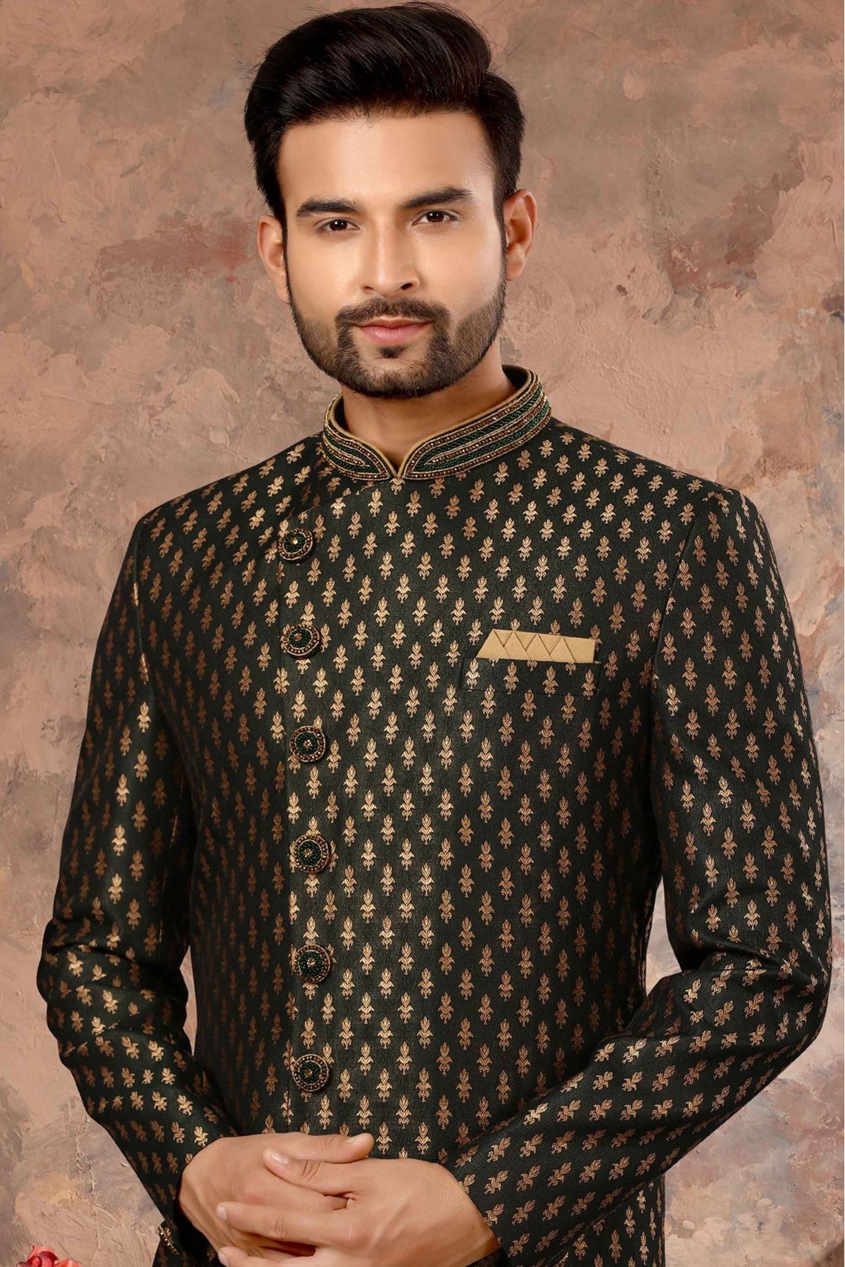 Green Colour Jacquard Woven Sherwani VSSH1040326