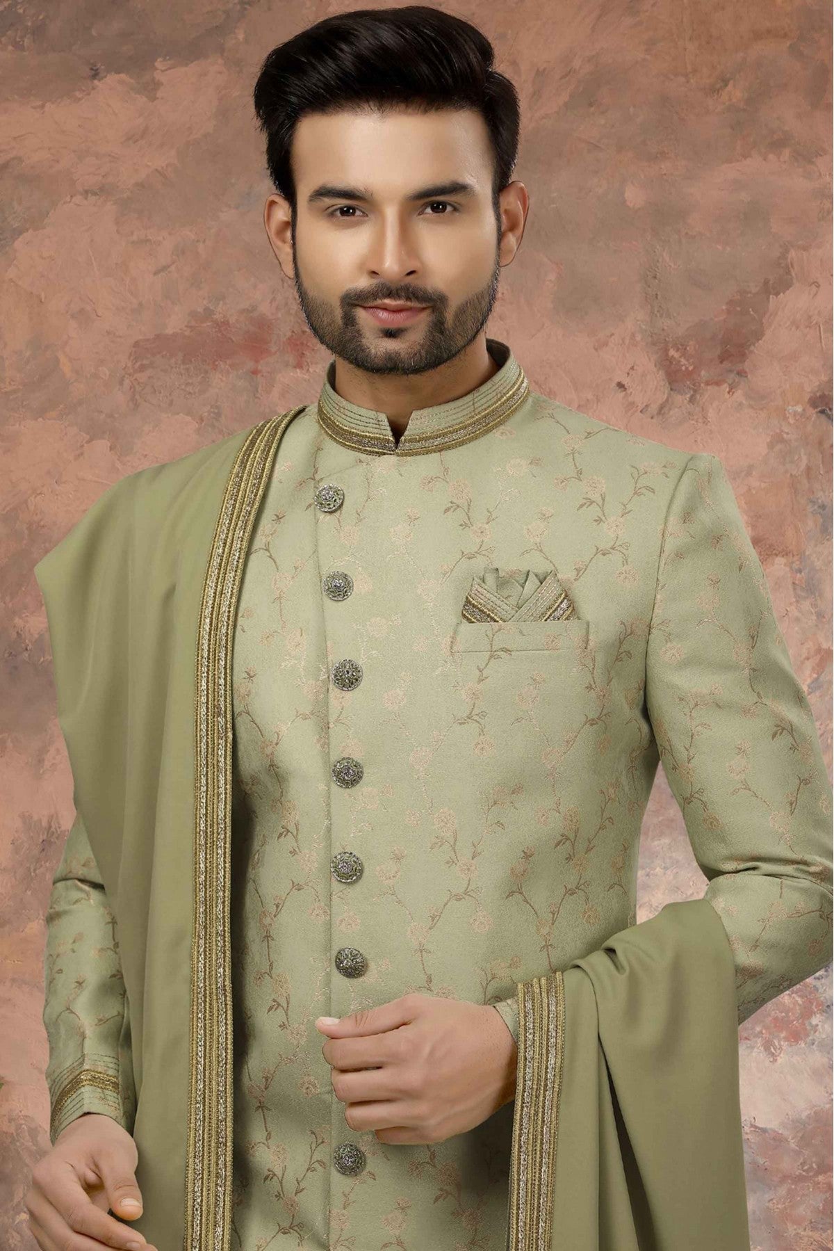 Green Colour Jacquard Zari Work Sherwani VSSH1040324