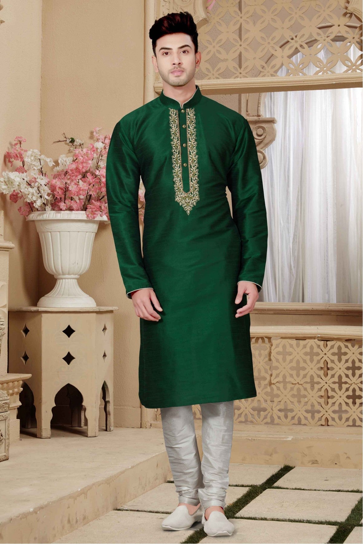 Green Colour Kurta Pajama In Art Dhupion Fabric VSKP1040017