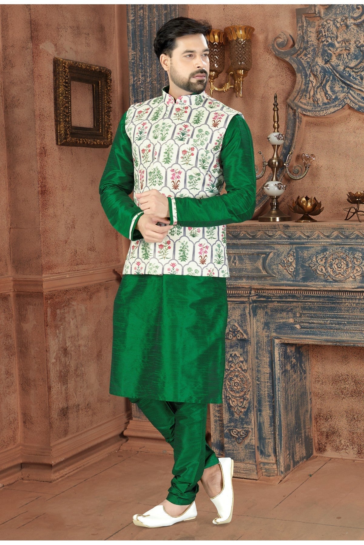 Green Colour Kurta Pajama With Jacket In Silk Fabric VSKP1040169
