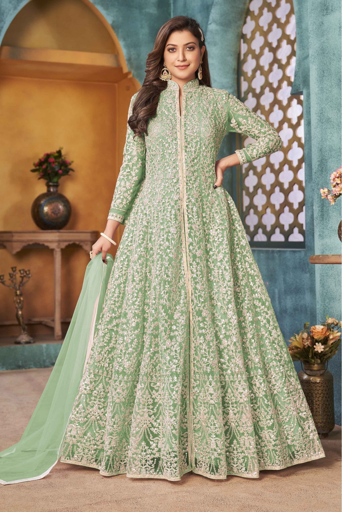 Shop Online Green Net Anarkali Suit vastradi.com Shop Online Green Net Anarkali Suit vastradi.com