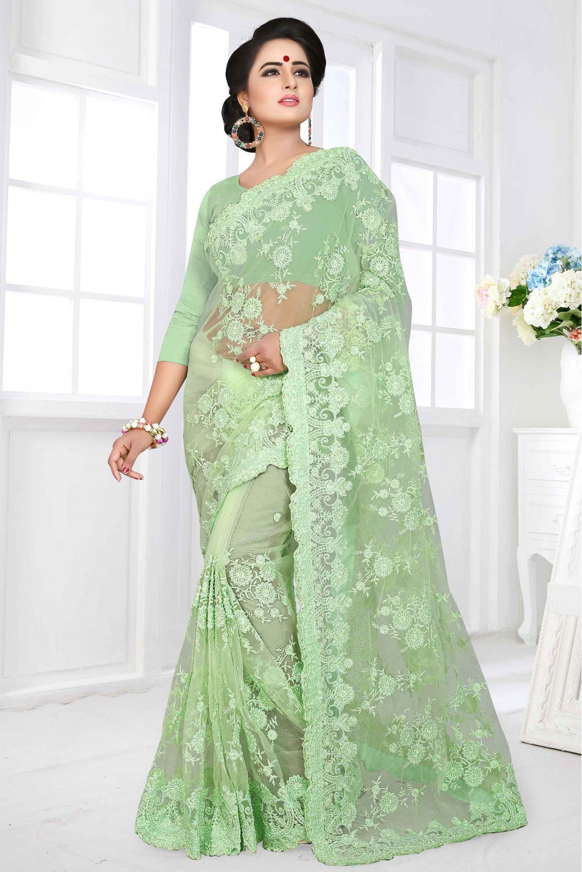 Green Colour Net Designer Saree VSSD1090031