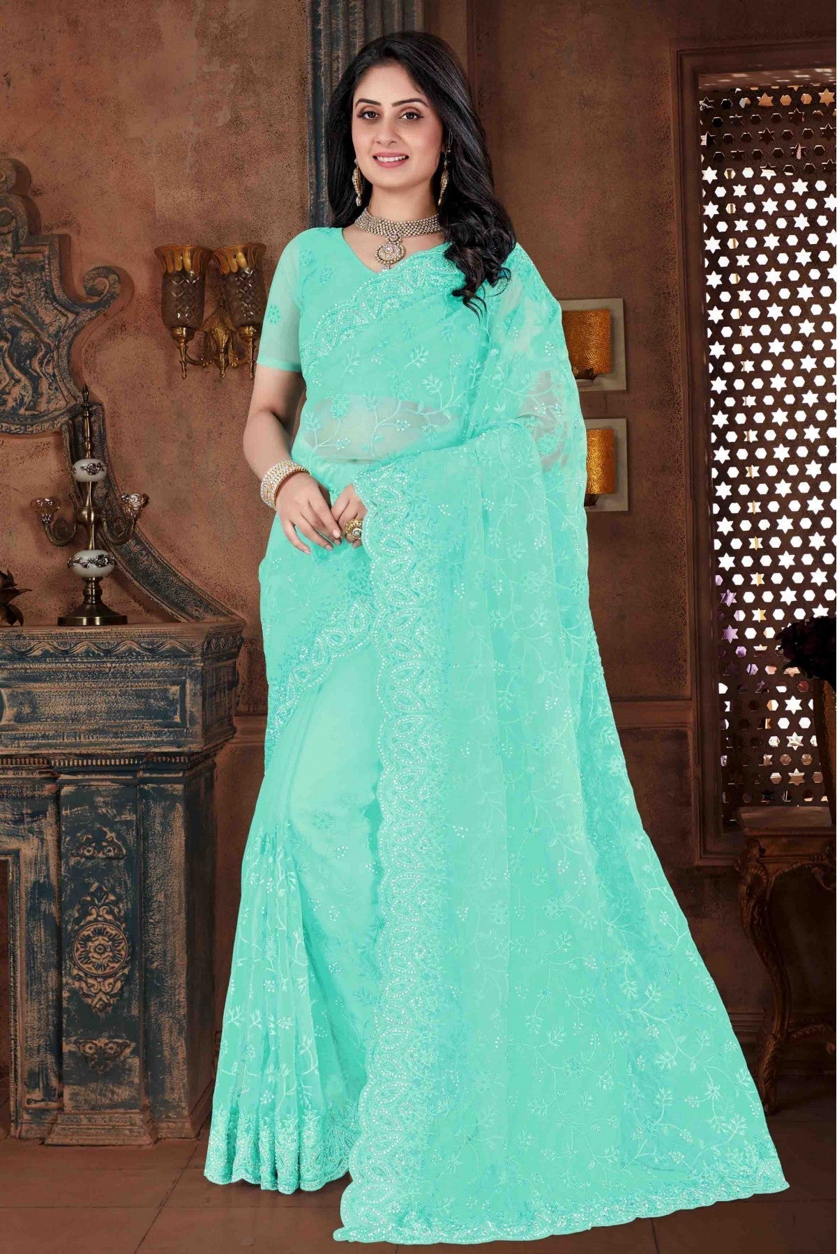 Green Colour Net Embroidery Saree VSSD1090114