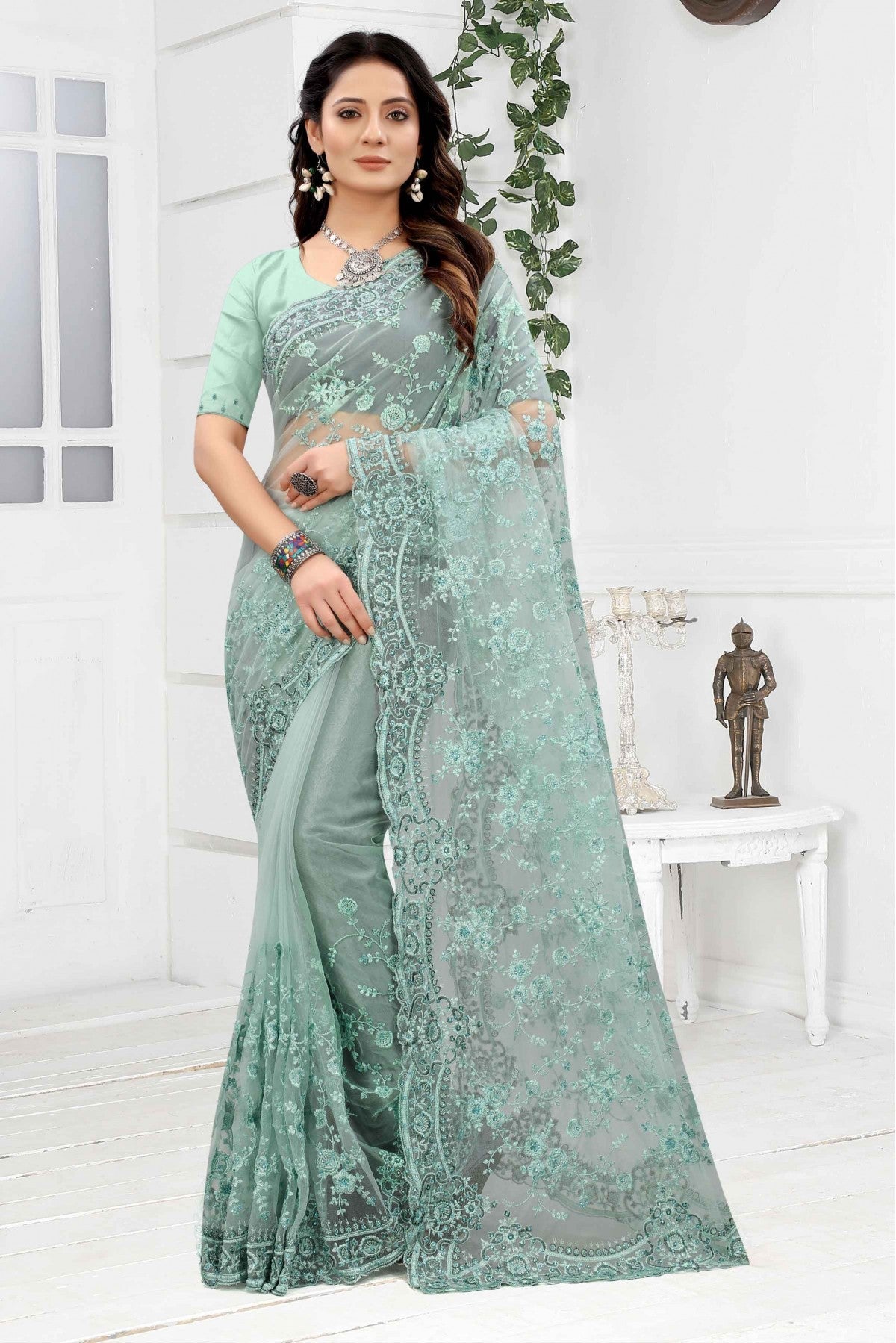 Green Colour Net Embroidery Saree VSSD1090251