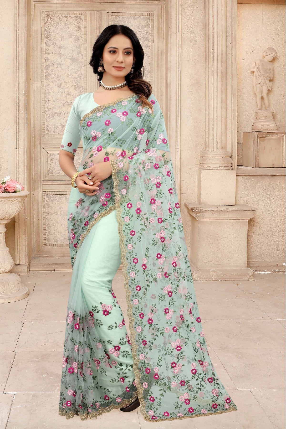 Green Colour Net Embroidery Saree VSSD1090313