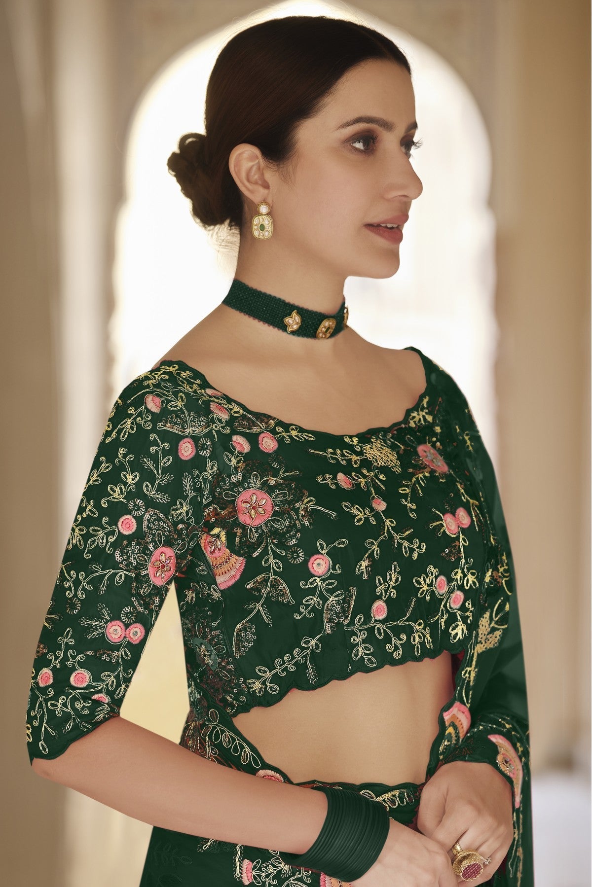 Green Colour Organza Sequins Work Saree