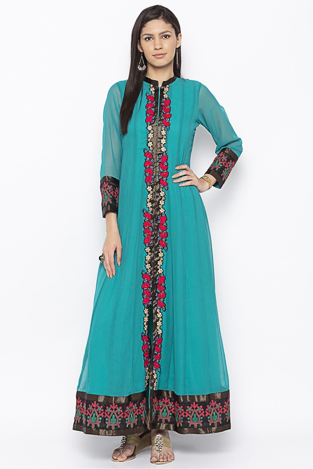 Green Colour Plus Size Georgette Embroidery Kurta Set