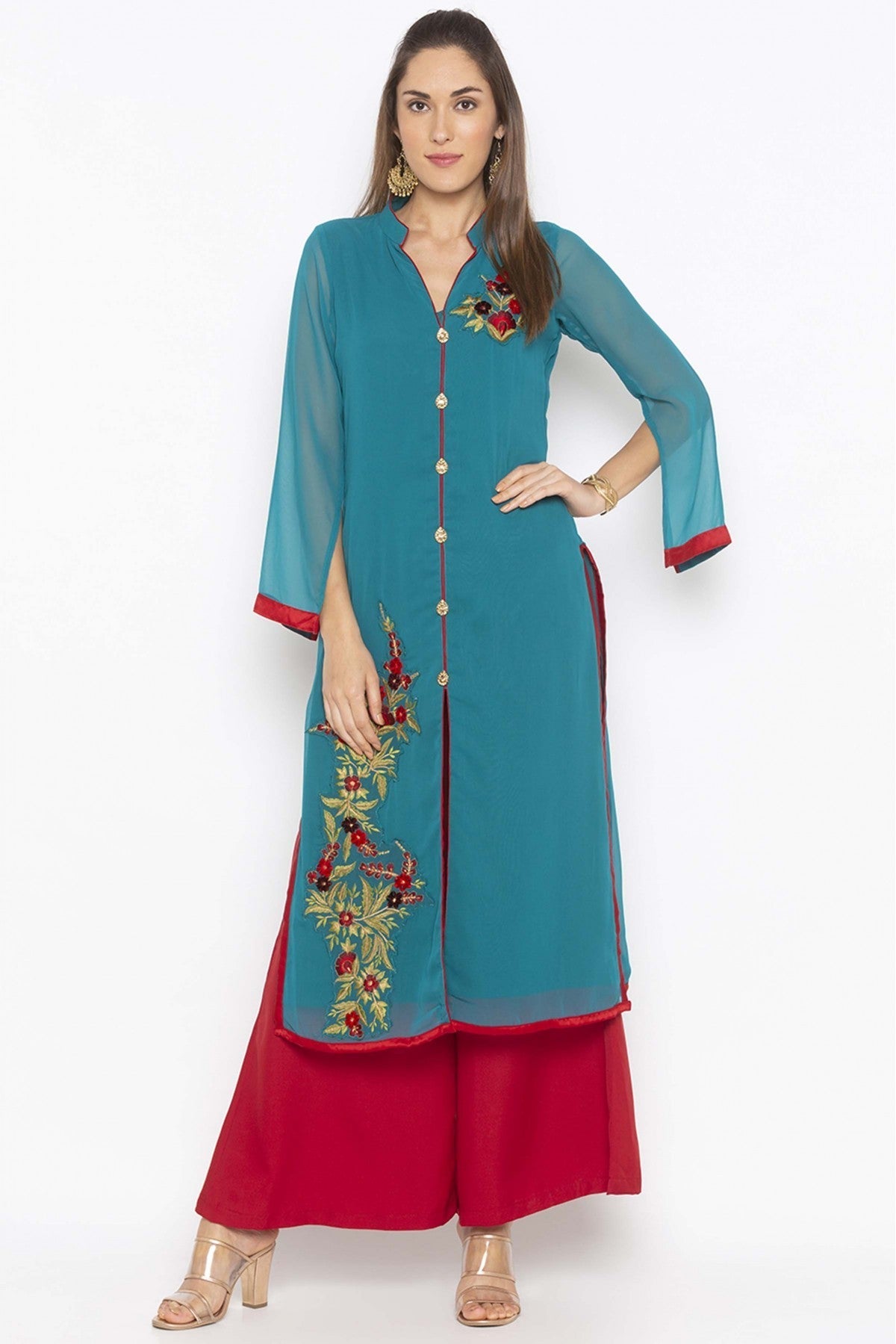 Green Colour Plus Size Georgette Embroidery Kurta Set VSKR1070709