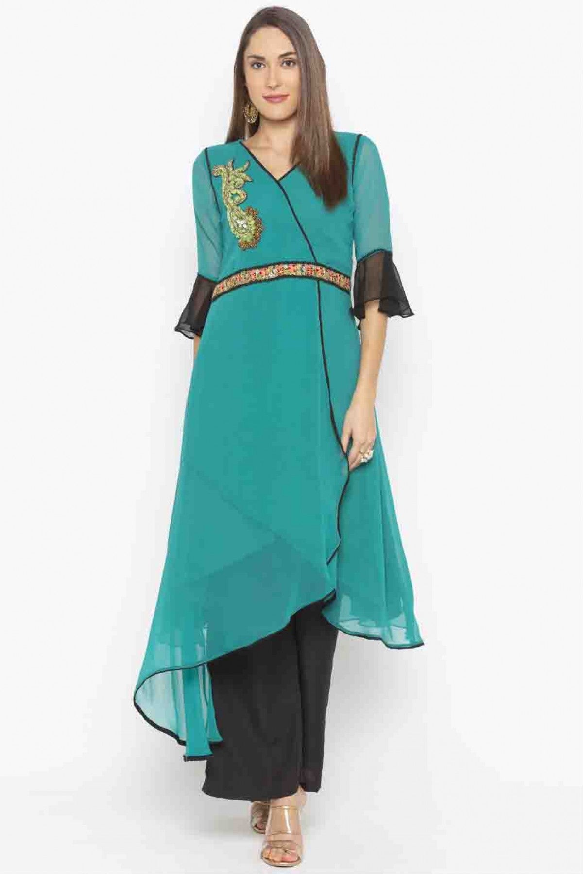Green Colour Plus Size Georgette Embroidery Kurti