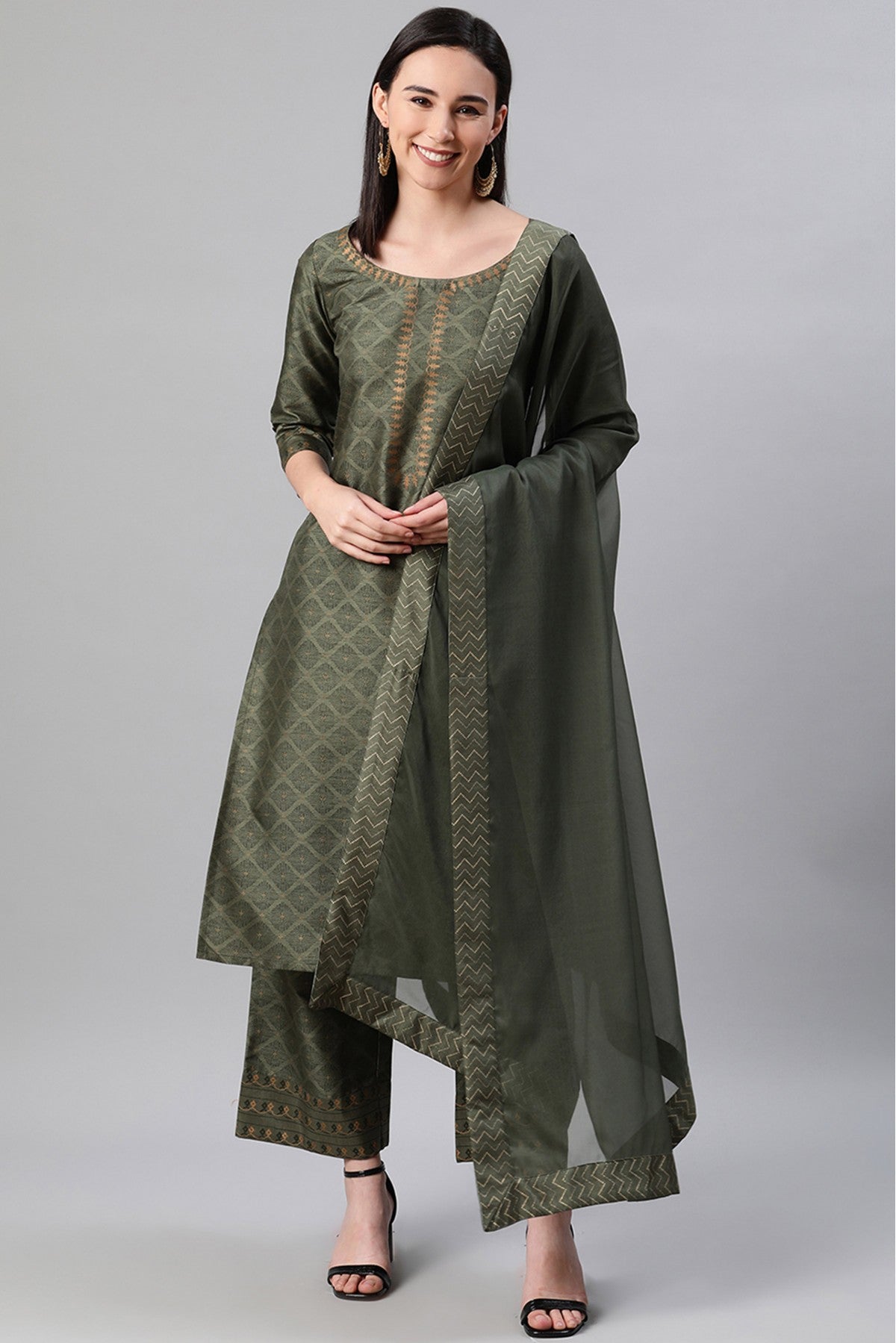Green Colour Plus Size Polyester Foil Print Kurti Palazzo And Dupatta Set VSKR1060171