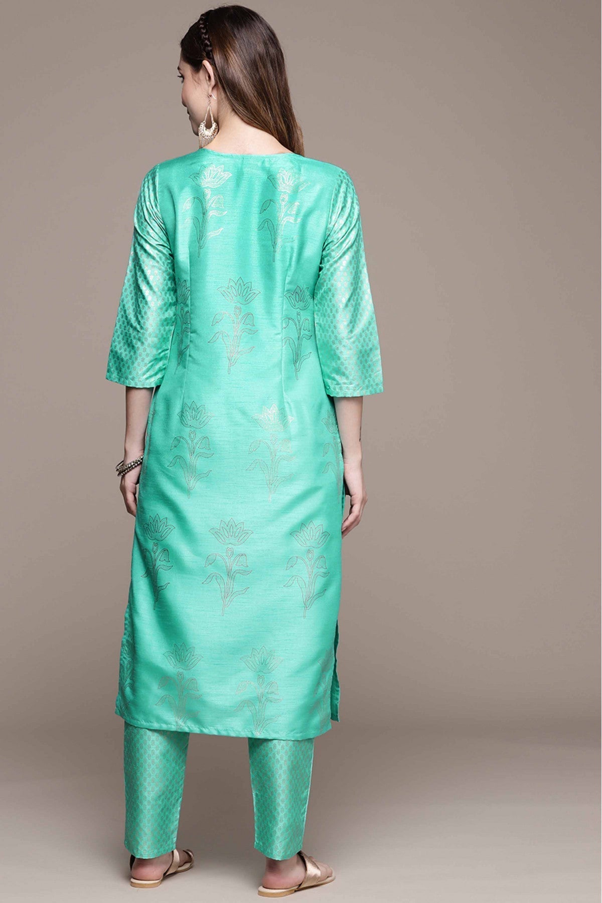 Green Colour Poly Silk Foil Print Kurta With Pant VSKR1060151