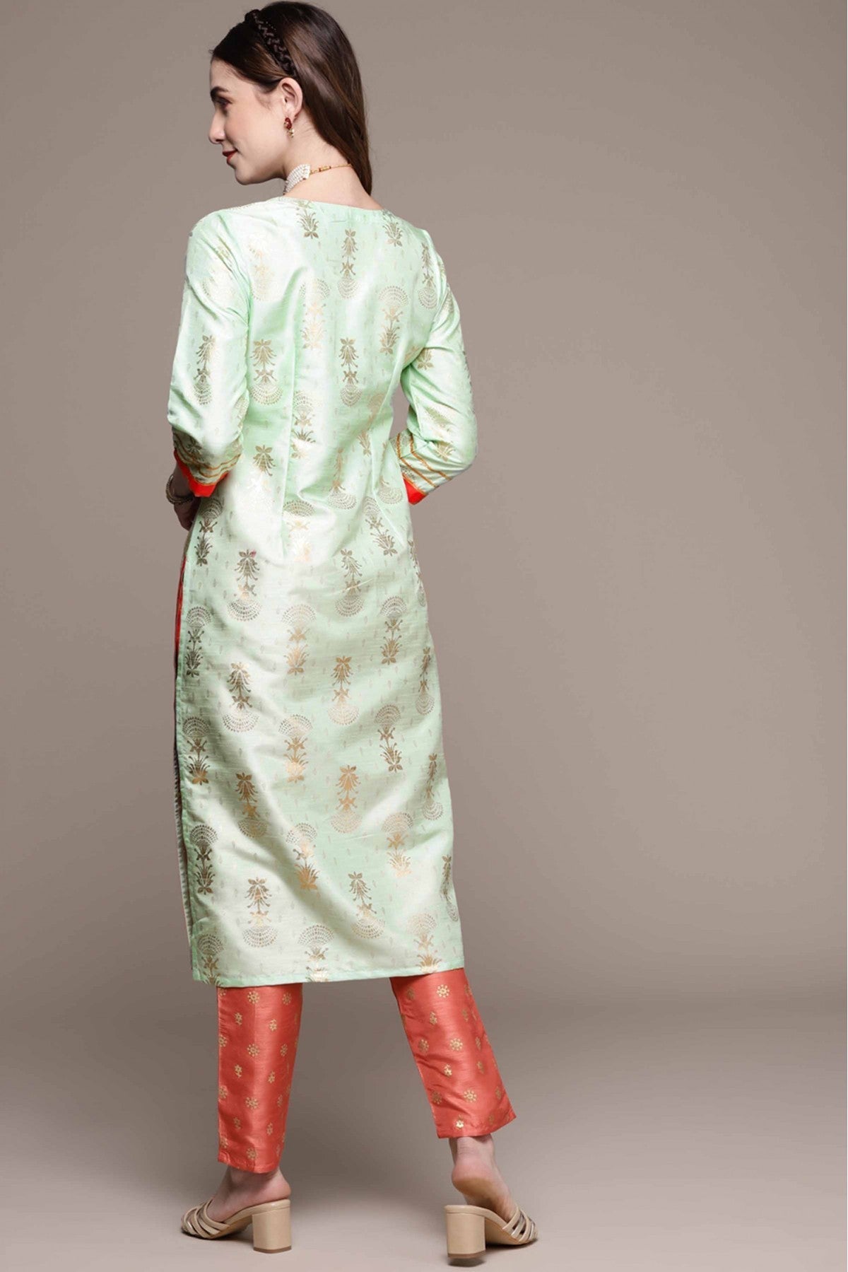 Green Colour Poly Silk Foil Print Kurta With Pant VSKR1060157