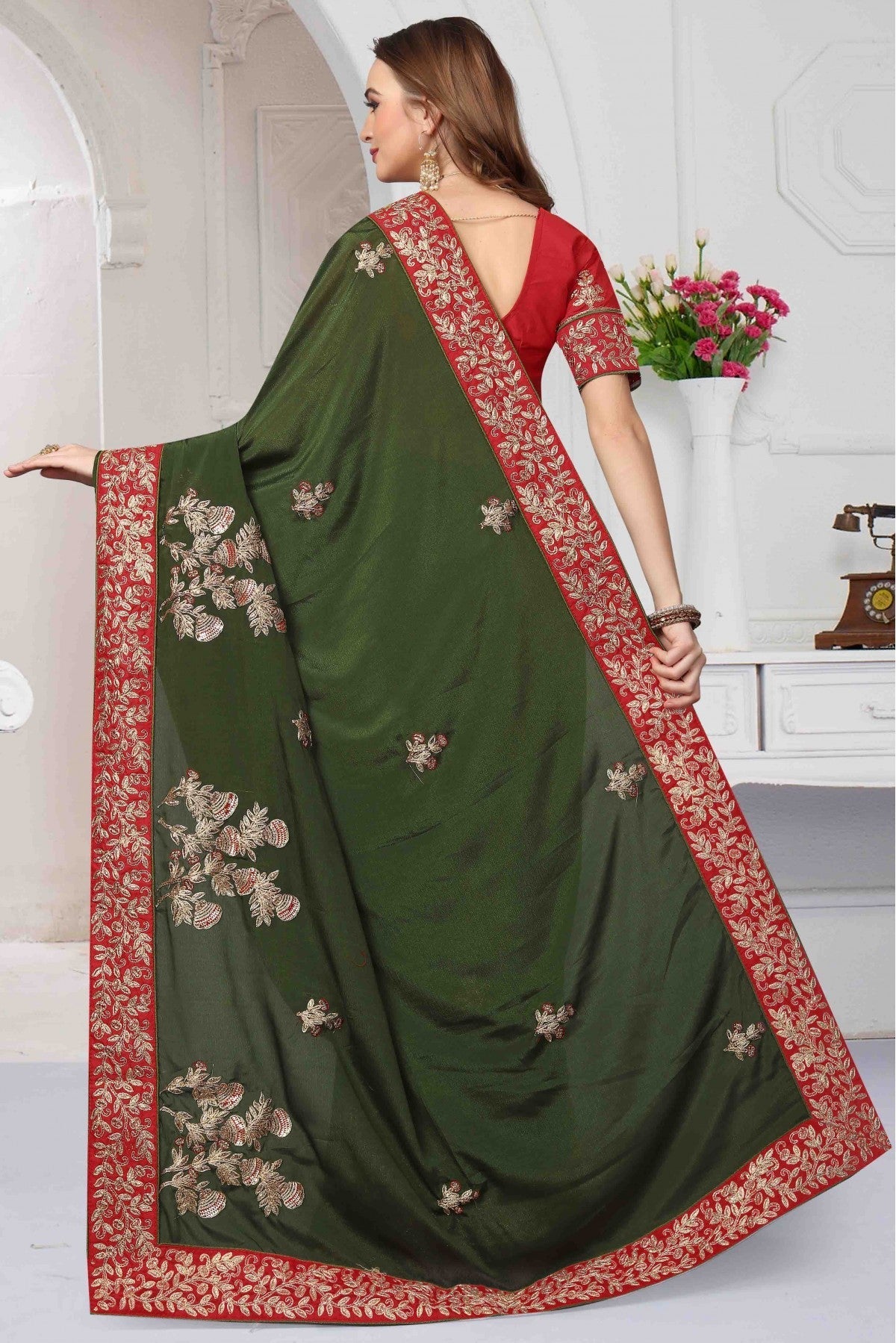 Green Colour Pure Satin Designer Saree VSSD1120454