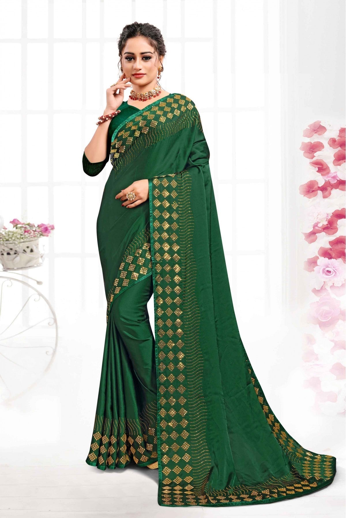 Green Colour Pure Satin Swarovski Work Saree VSSD1120337