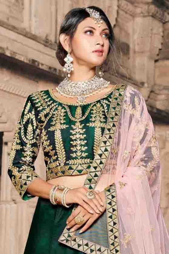Green Colour Pure Taffeta Thread Work Lehenga Choli VSLC1080409